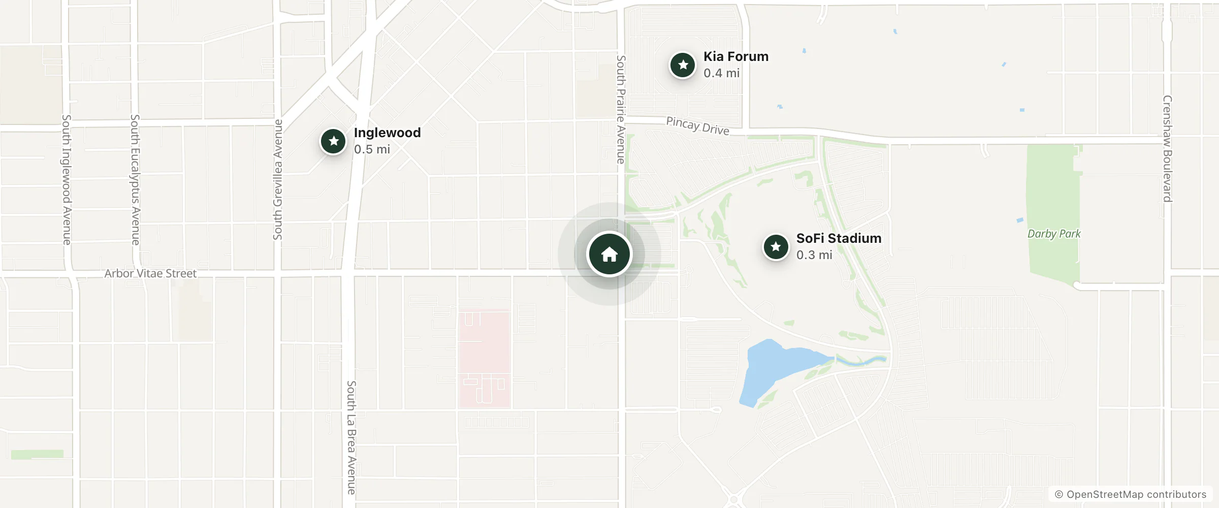 Map of Hollywood Park Motel and nearby SoFi Stadium, Kia Forum and Inglewood