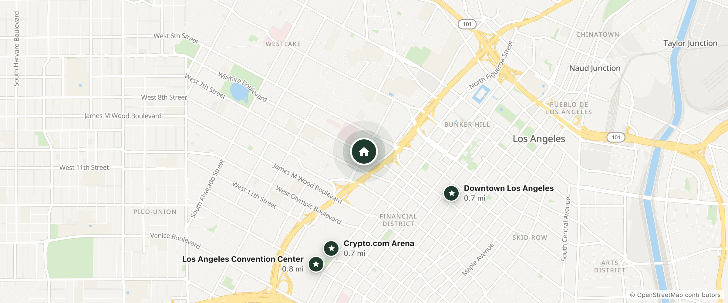 Map of The Angels Suites and nearby Downtown Los Angeles, Crypto.com Arena and Los Angeles Convention Center