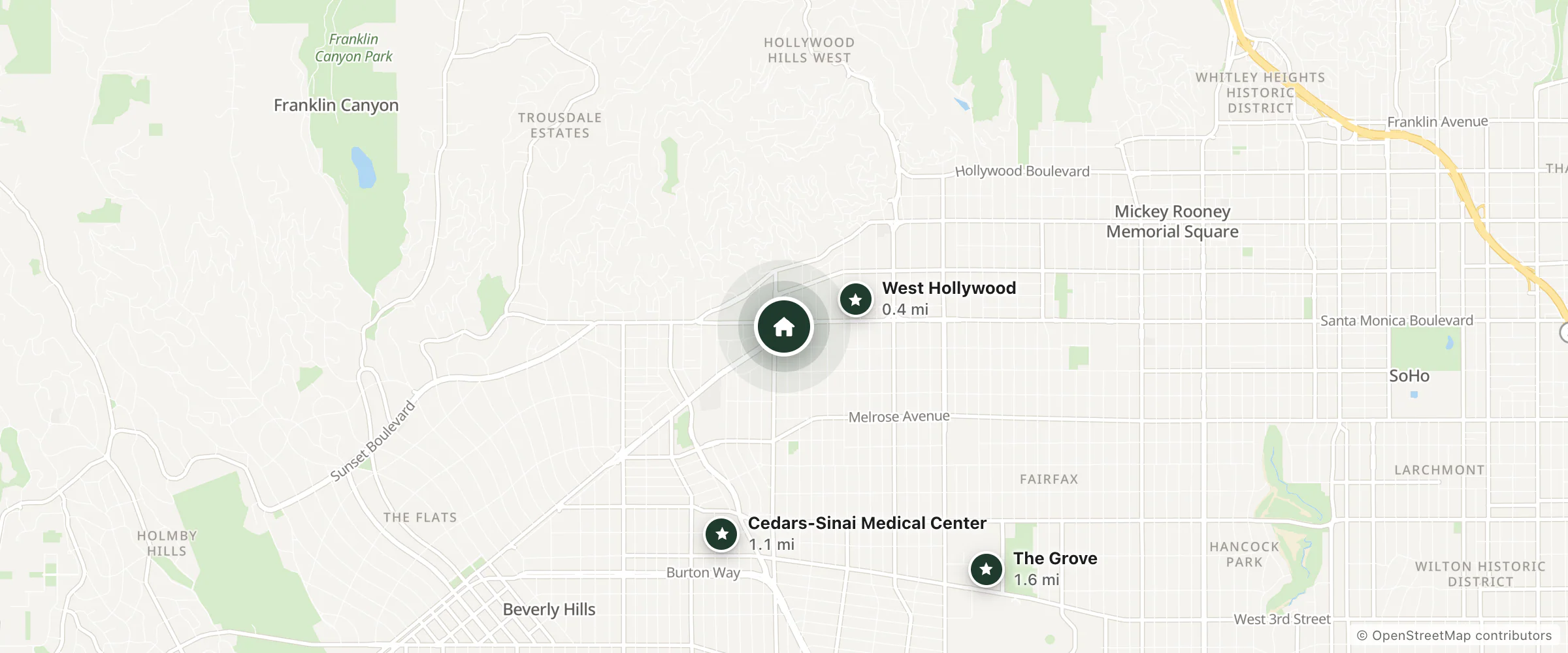 Map of Holloway Motel and nearby West Hollywood, Cedars-Sinai Medical Center and The Grove