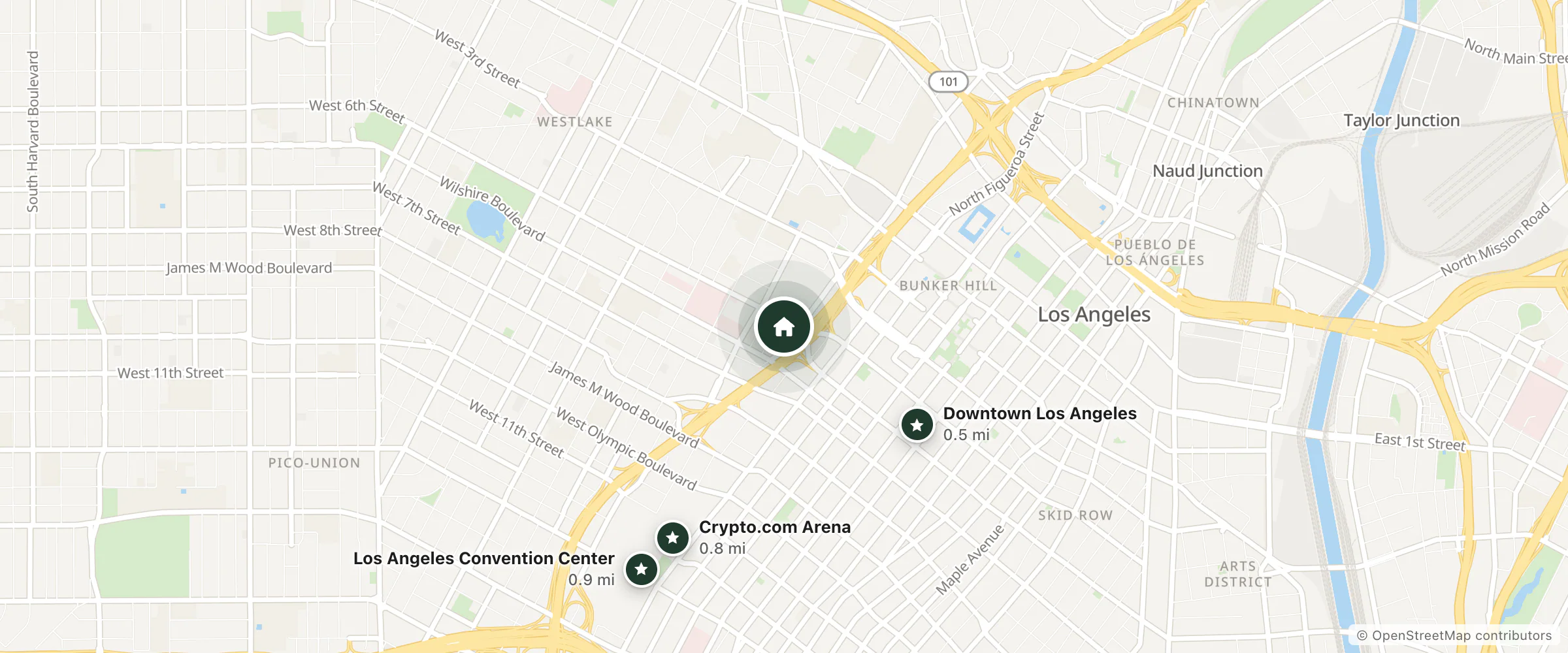 Map of Sunshine Suites at The Piero and nearby Downtown Los Angeles, Crypto.com Arena and Los Angeles Convention Center