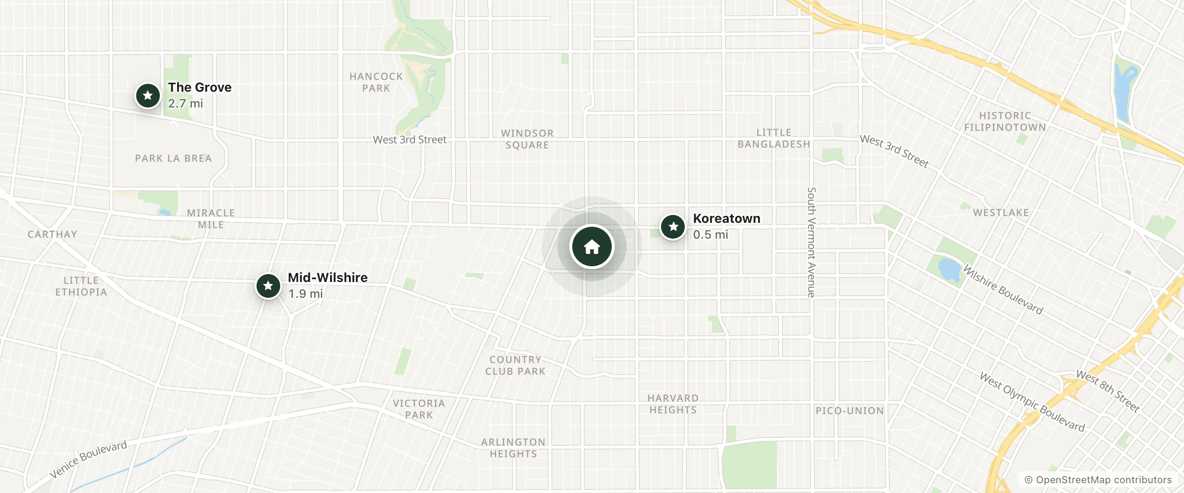 Map of Oasis Hostel 2 and nearby Koreatown, Mid-Wilshire and The Grove