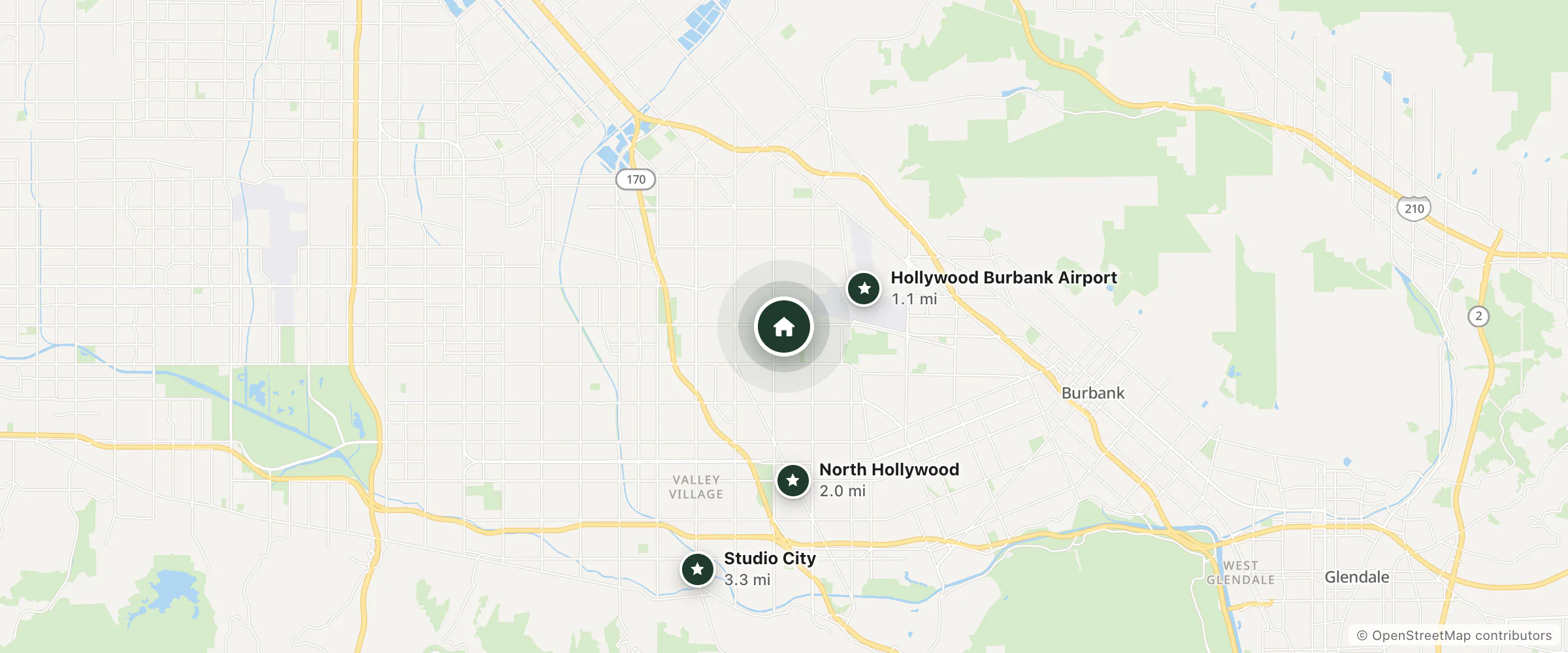 Map of Studio Lodge Hotel and nearby Hollywood Burbank Airport, North Hollywood and Studio City