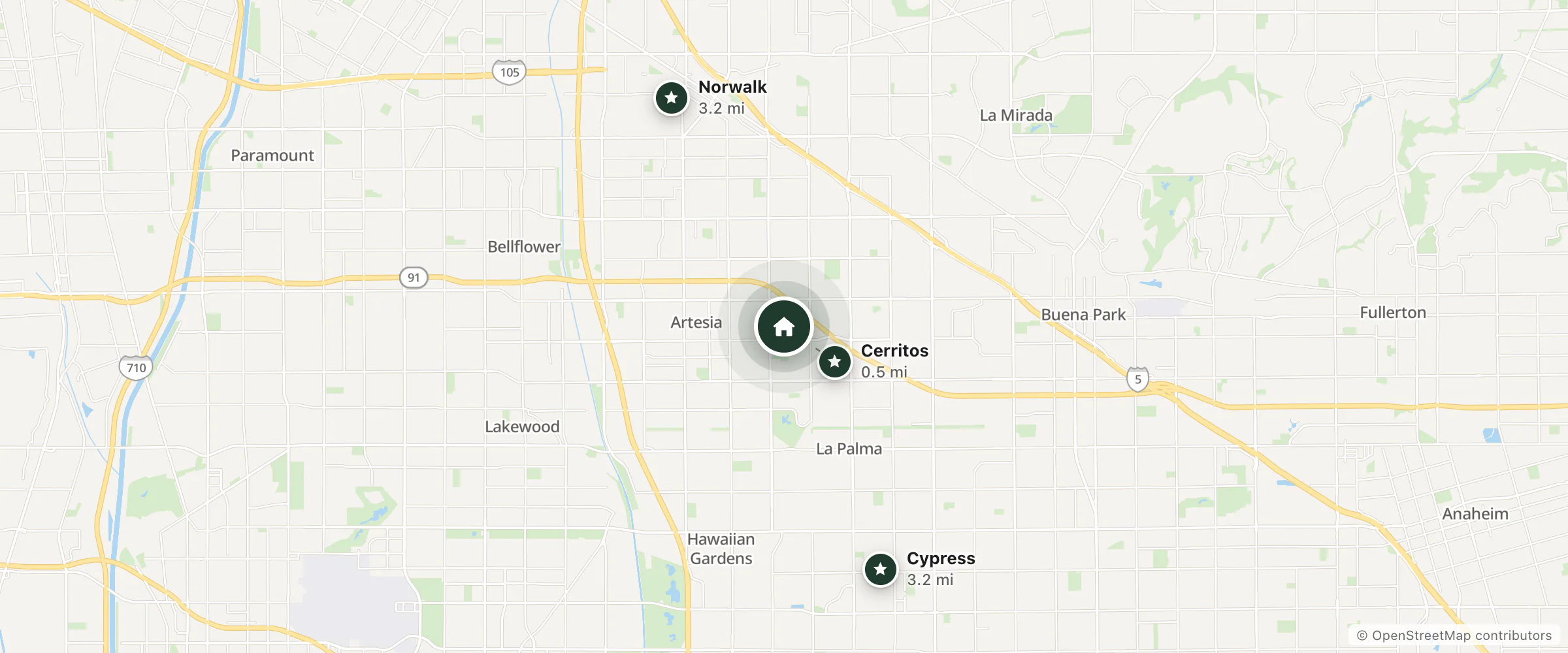 Map of Sheraton and nearby Cerritos, Norwalk and Cypress