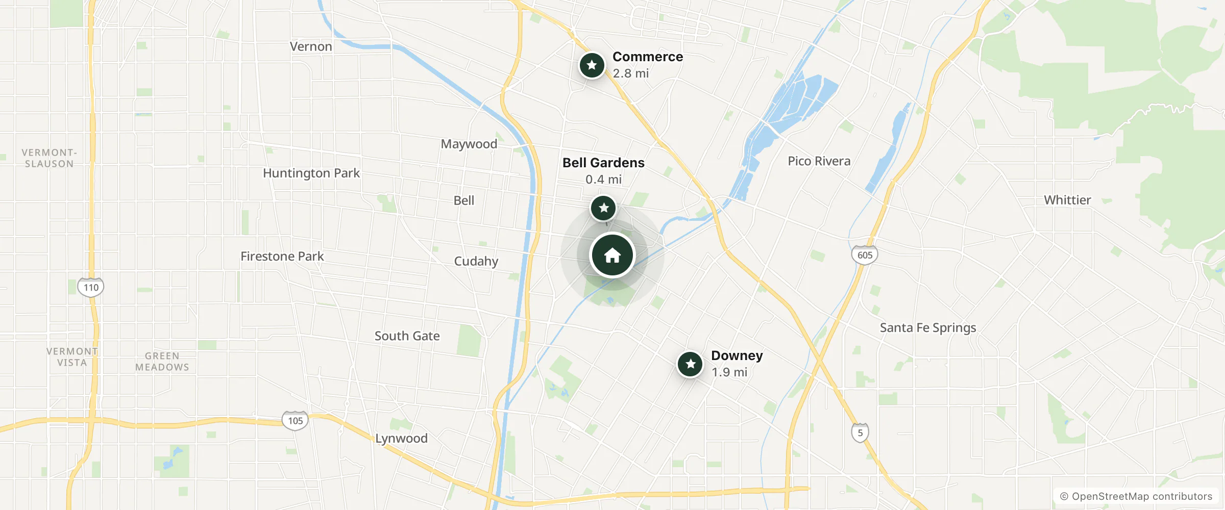 Map of Fiesta Inn and nearby Bell Gardens, Downey and Commerce