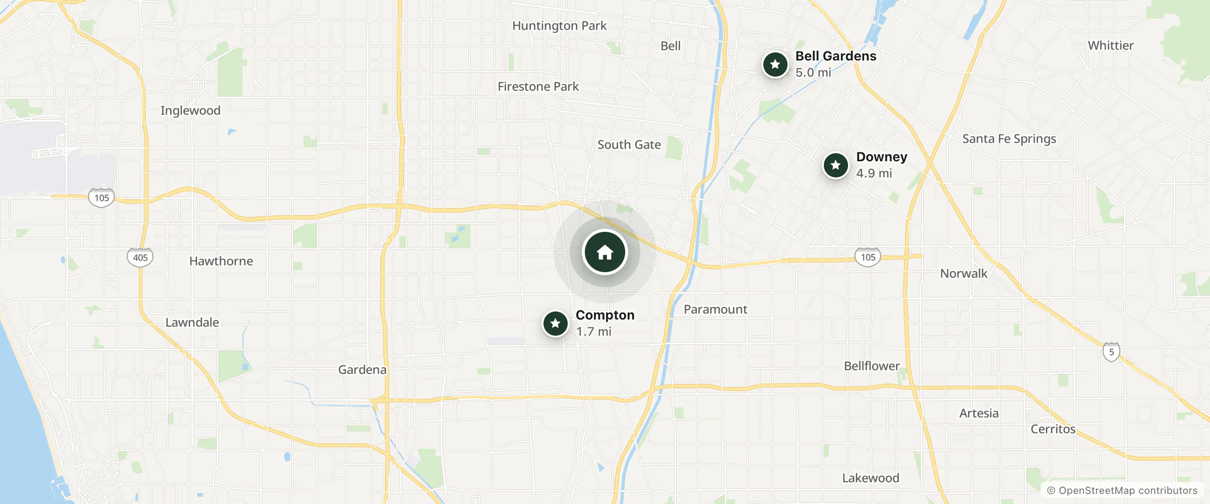 Map of The Fly Inn and nearby Compton, Downey and Bell Gardens