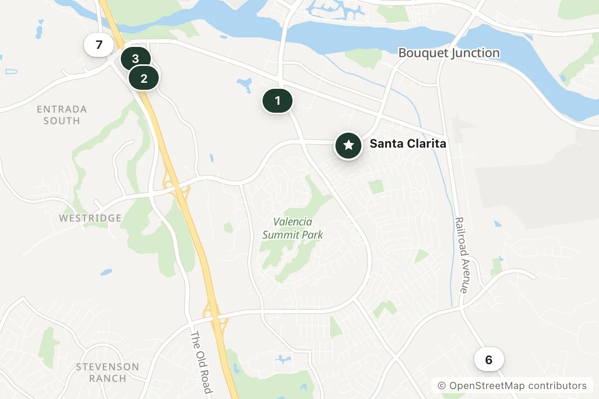 Map of the top 7 hotels for this question around Santa Clarita