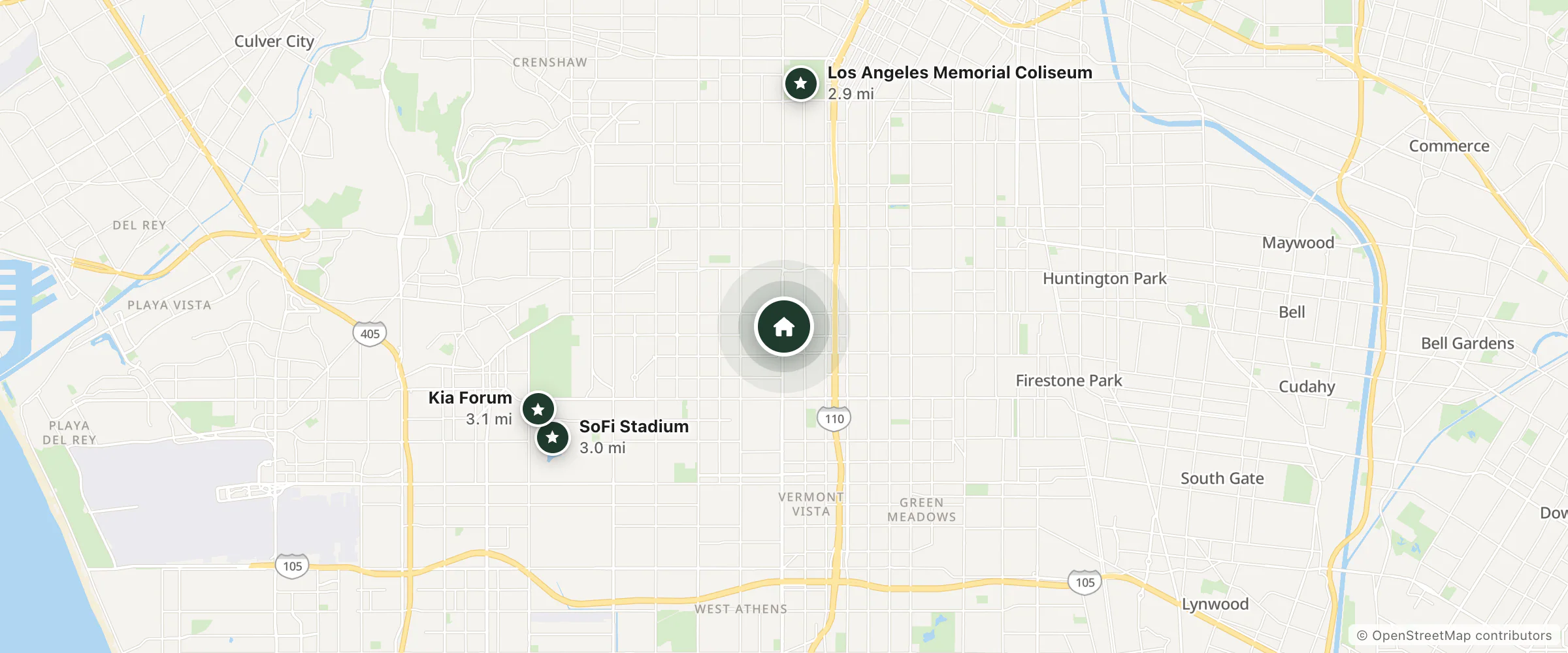Map of Travel Inn Motel and nearby Los Angeles Memorial Coliseum, SoFi Stadium and Kia Forum