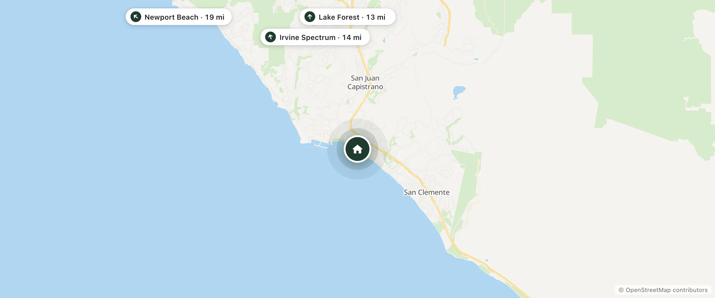 Map of Capistrano Coast House and nearby Lake Forest, Irvine Spectrum and Newport Beach