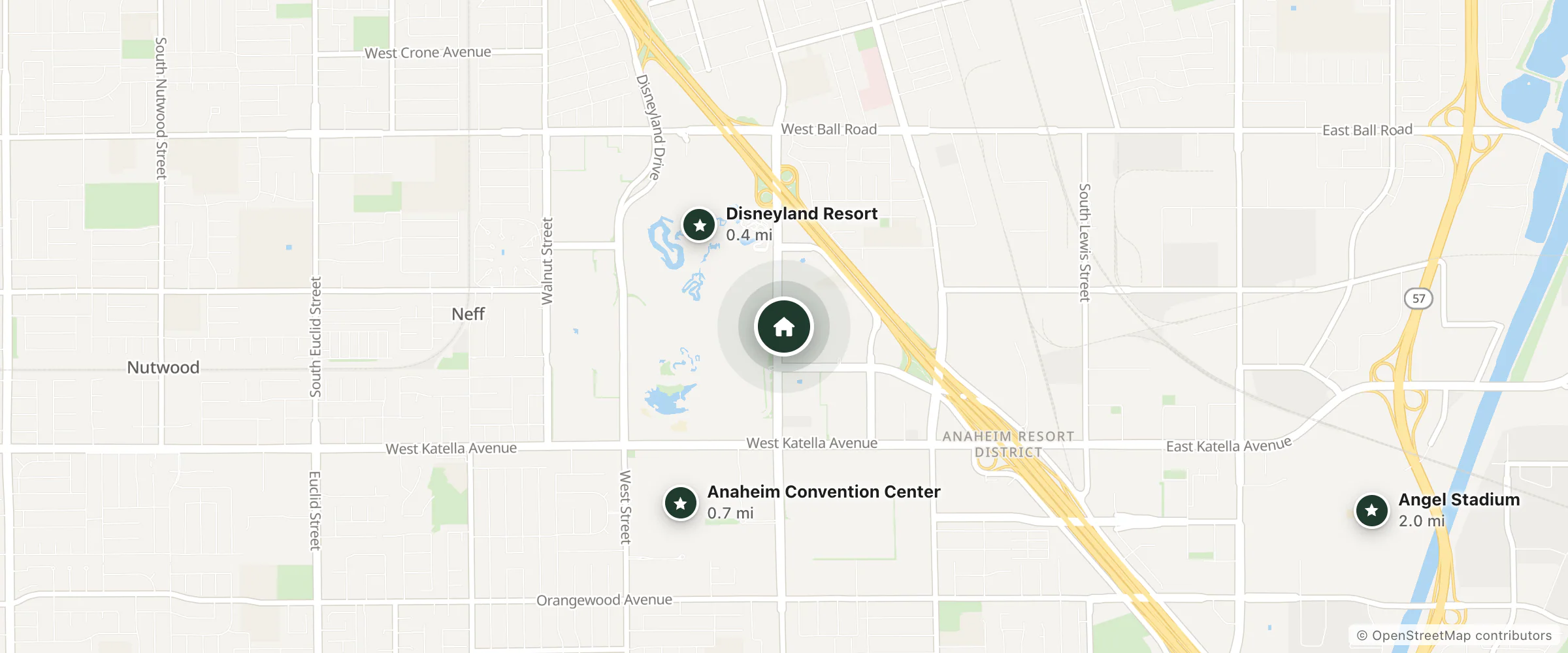 Map of Park Vue Inn and nearby Disneyland Resort, Anaheim Convention Center and Angel Stadium