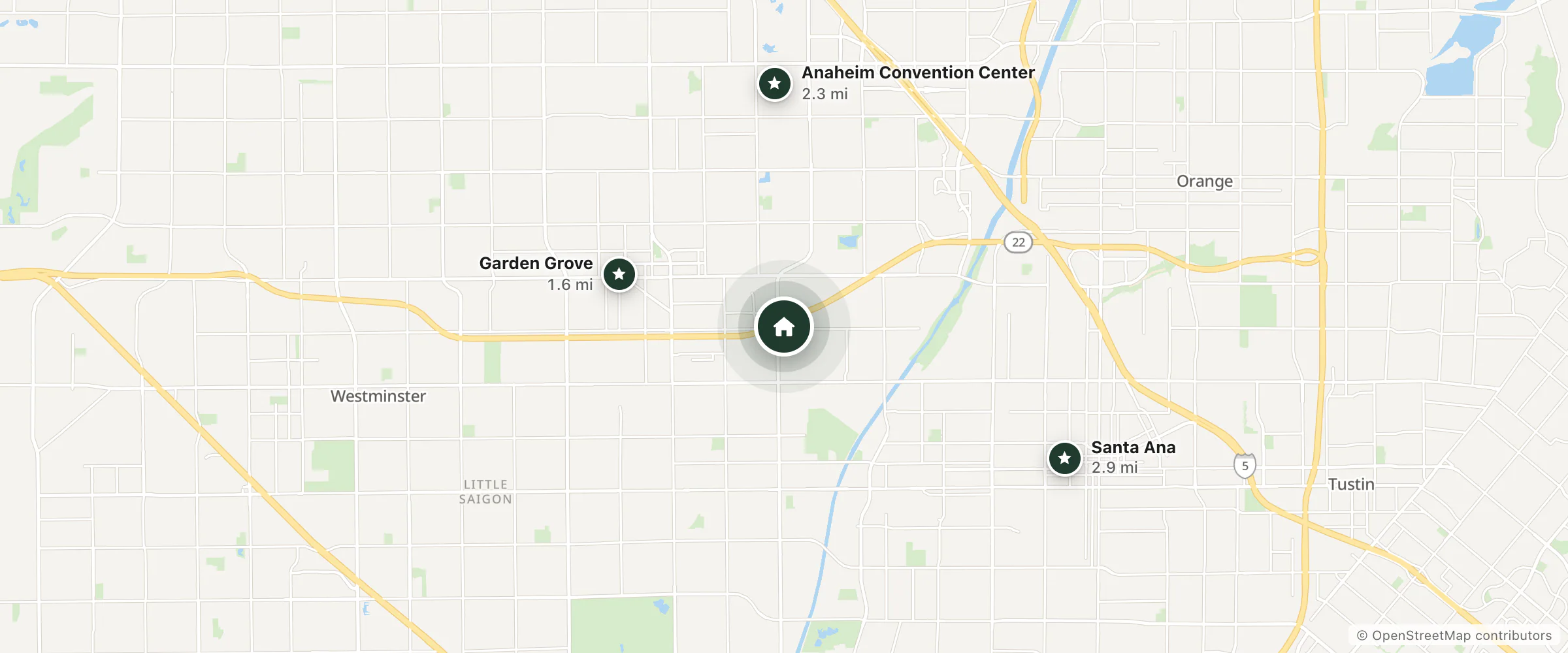 Map of Motel 6 and nearby Garden Grove, Anaheim Convention Center and Santa Ana