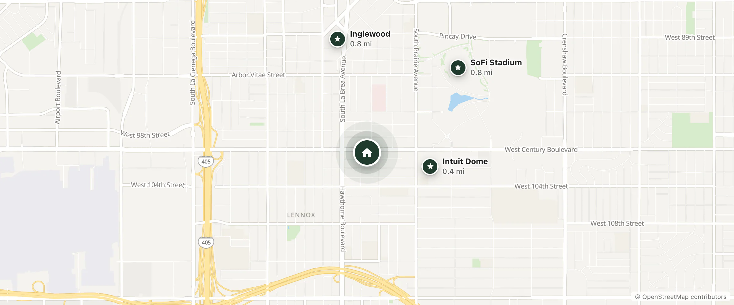 Map of Super 8 by Wyndham Inglewood LAX LA Airport and nearby Intuit Dome, Inglewood and SoFi Stadium