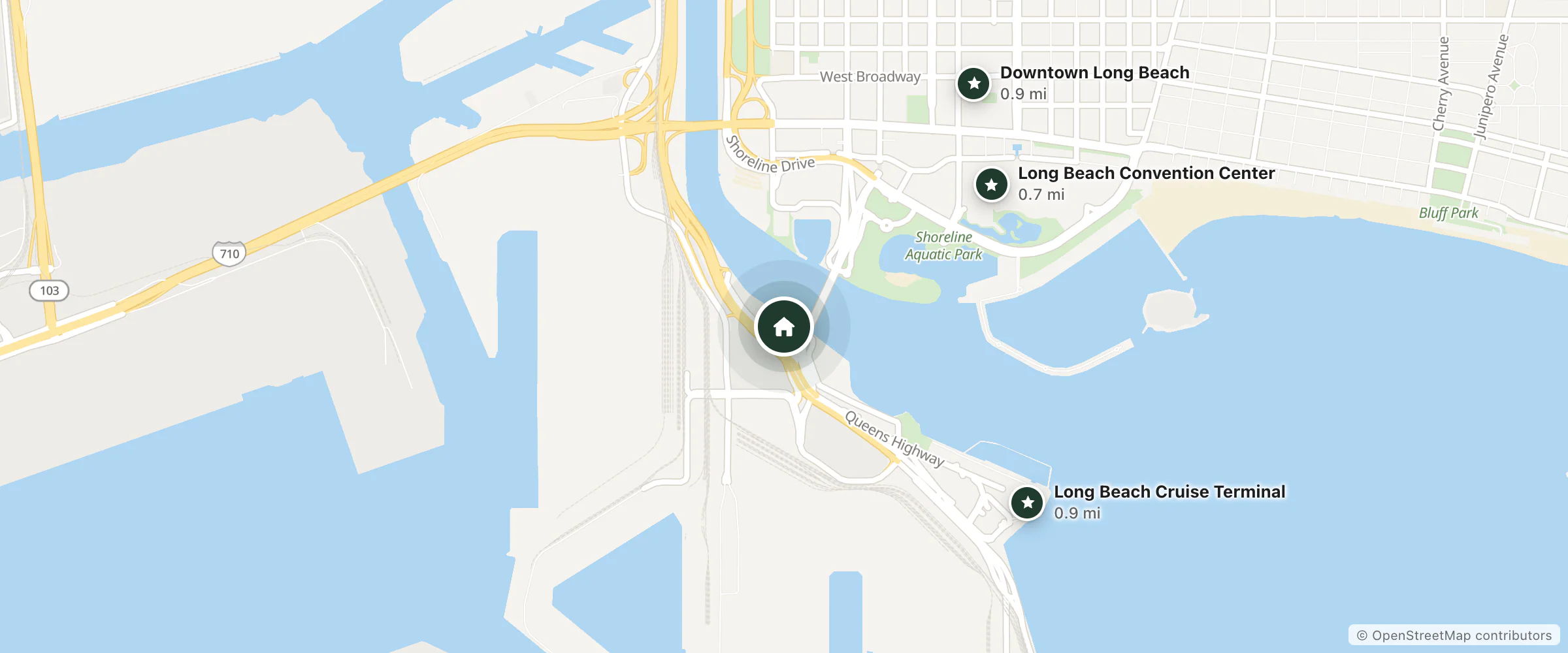 Map of Residence Inn and nearby Long Beach Convention Center, Long Beach Cruise Terminal and Downtown Long Beach
