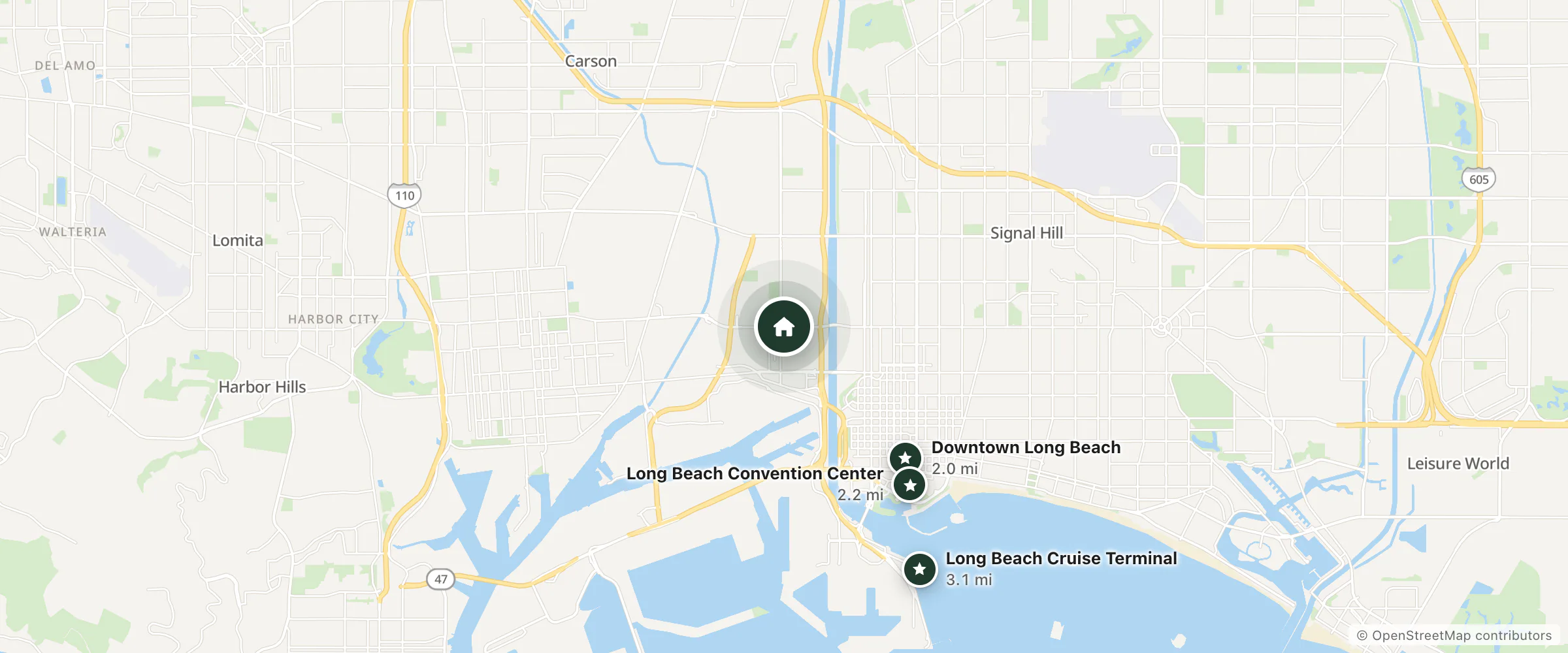 Map of Raymoure Motel and nearby Downtown Long Beach, Long Beach Convention Center and Long Beach Cruise Terminal