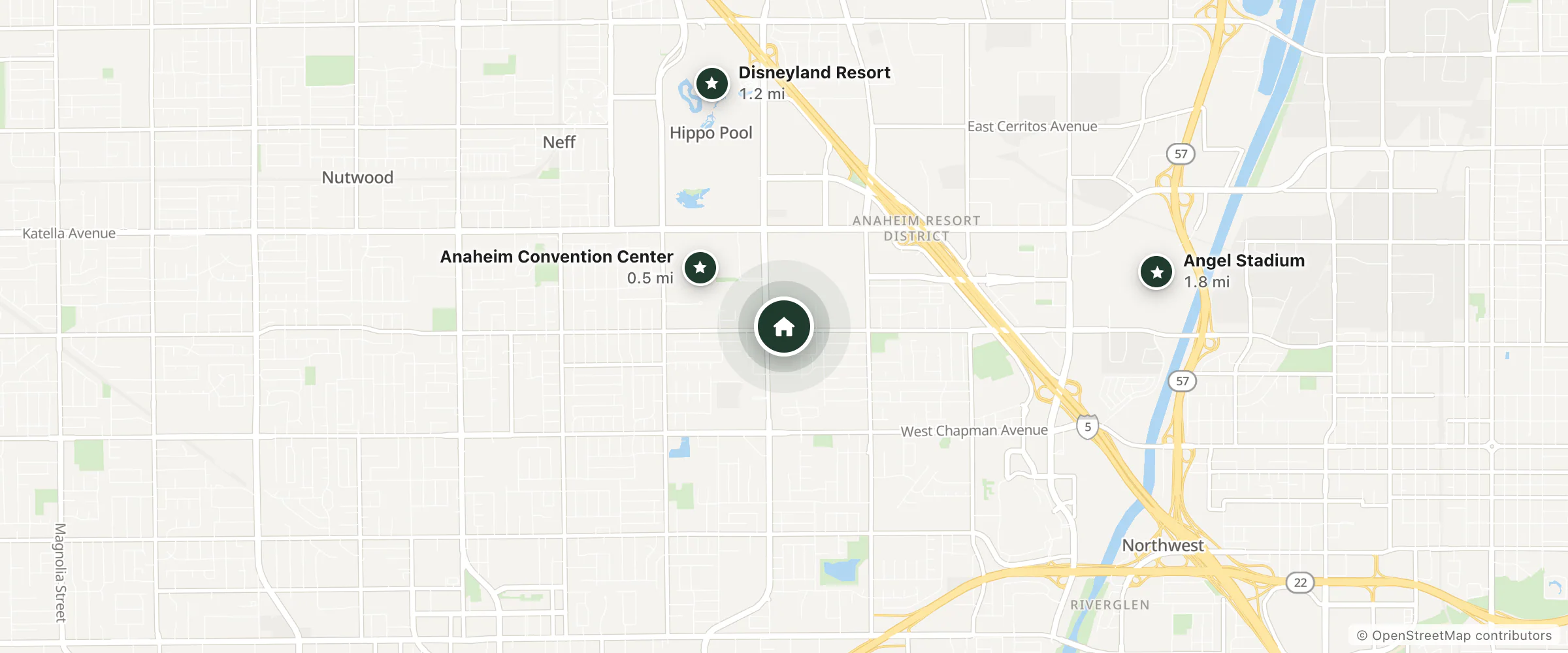 Map of WorldMark Dolphin's Cove and nearby Anaheim Convention Center, Disneyland Resort and Angel Stadium