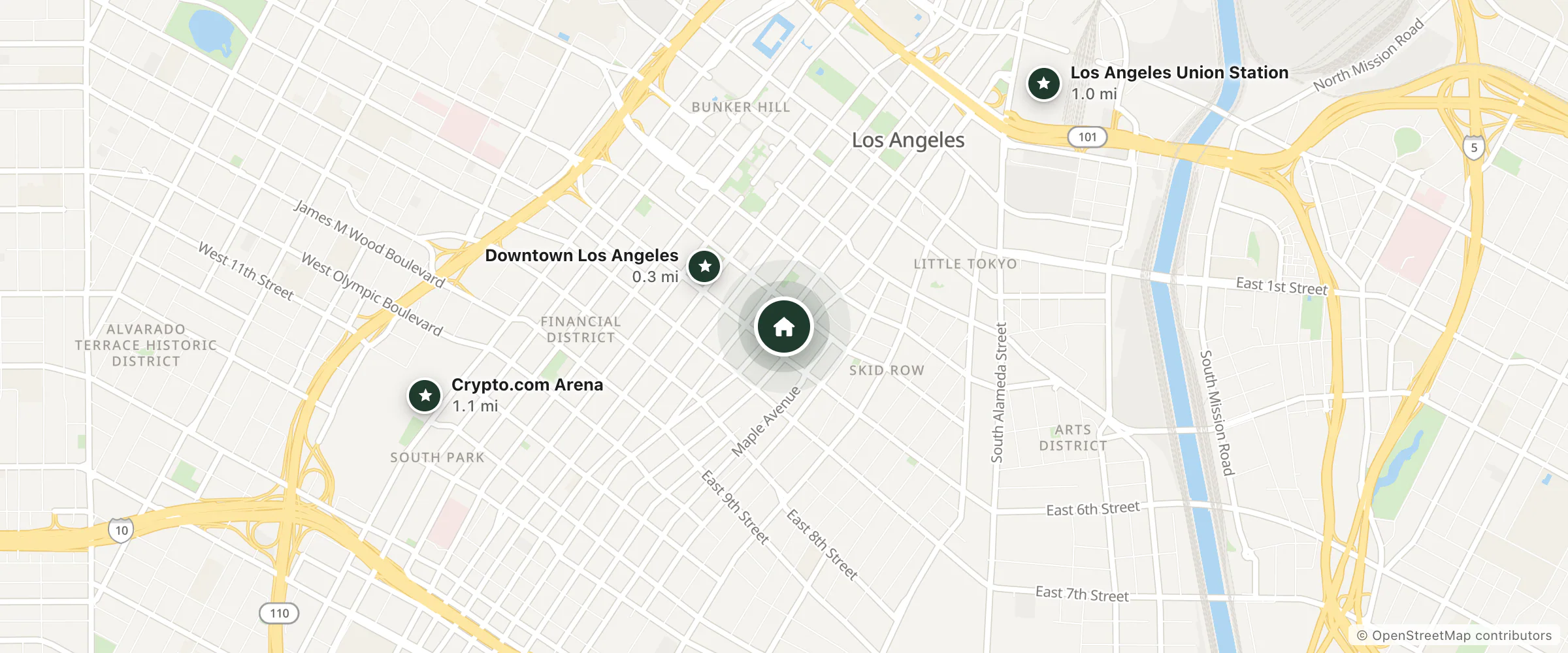 Map of Sanborn Hotel and nearby Downtown Los Angeles, Los Angeles Union Station and Crypto.com Arena