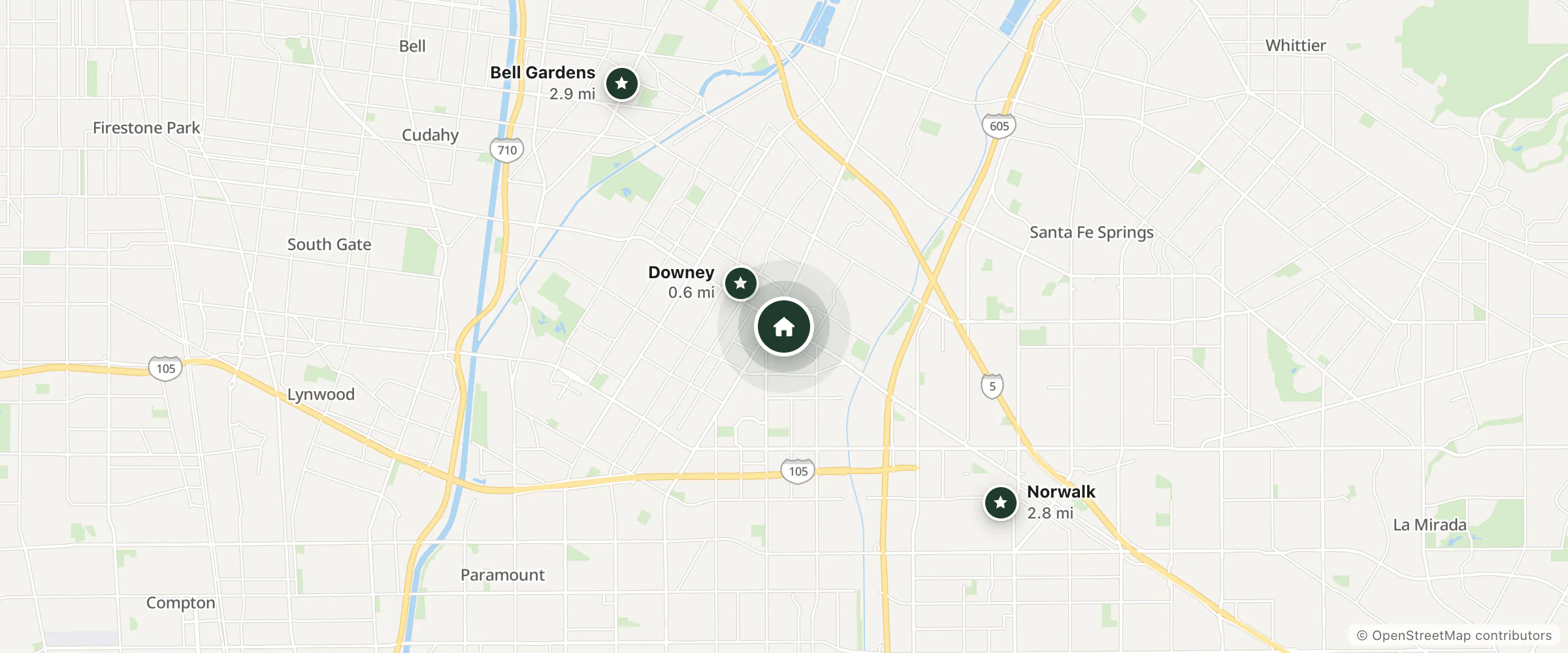 Map of SpringHill Suites and nearby Downey, Norwalk and Bell Gardens