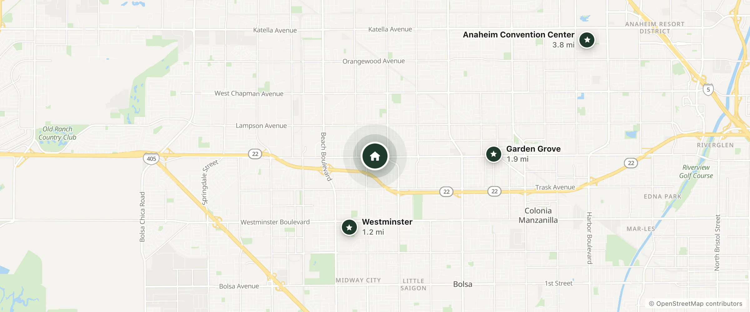 Map of Grove Motel and nearby Westminster, Garden Grove and Anaheim Convention Center