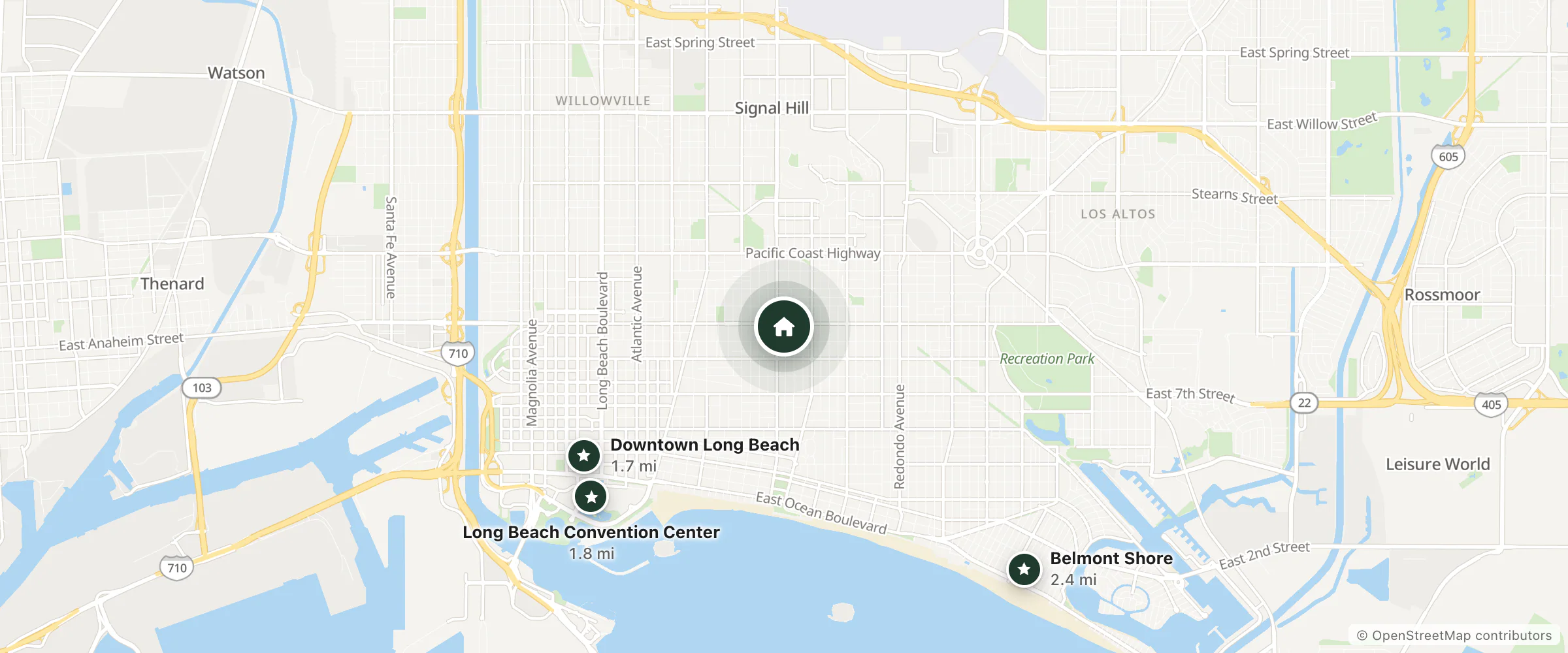 Map of Royal Inn Motel Long Beach and nearby Downtown Long Beach, Long Beach Convention Center and Belmont Shore