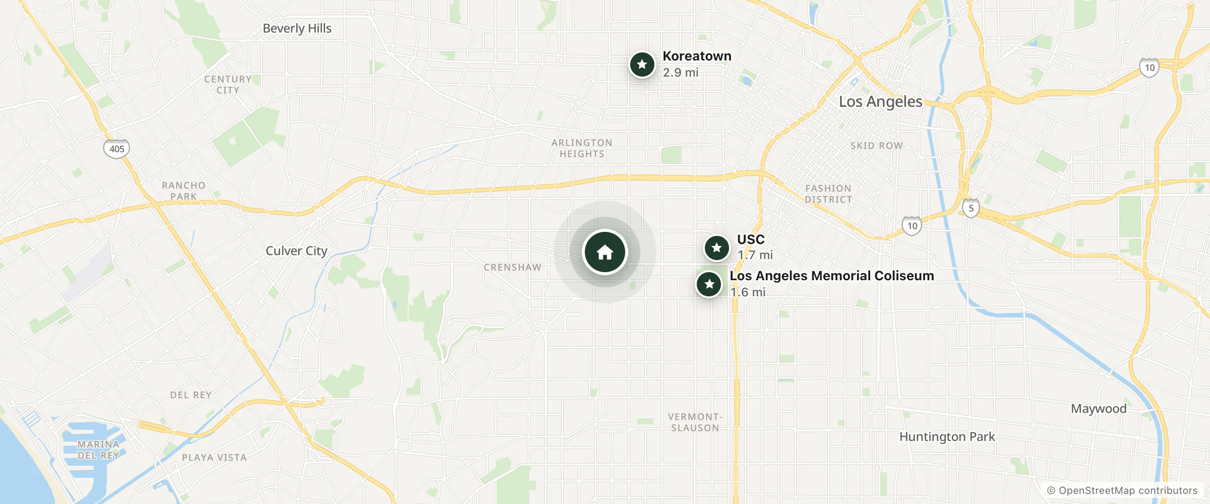 Map of Cimarron and nearby Los Angeles Memorial Coliseum, USC and Koreatown