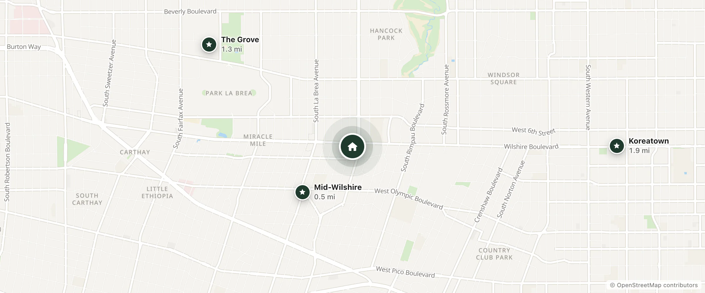 Map of Milenium Biltmore and nearby Mid-Wilshire, The Grove and Koreatown