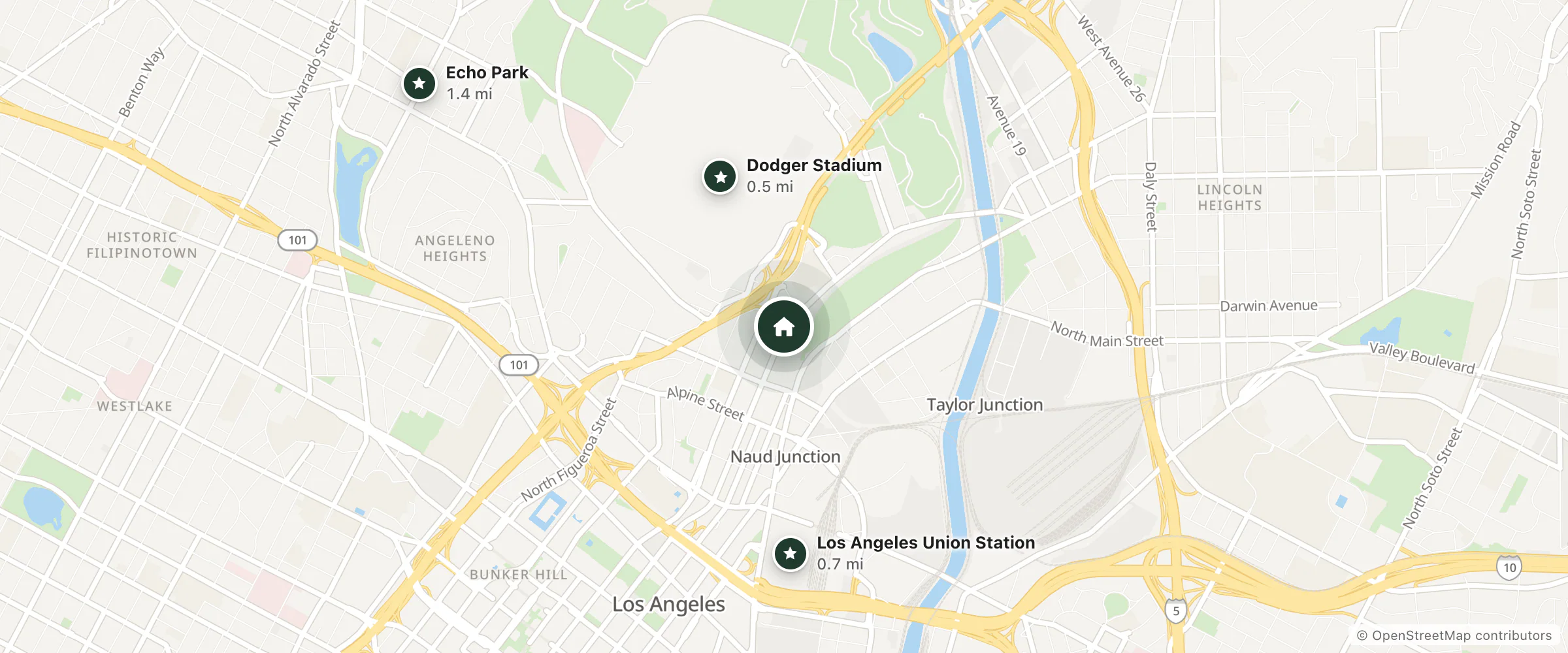 Map of The Royal Pagoda Motel and nearby Dodger Stadium, Los Angeles Union Station and Echo Park