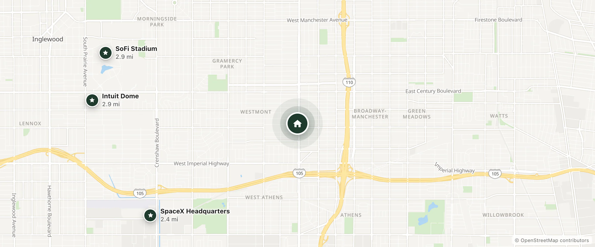 Map of Paradise Inn and nearby SpaceX Headquarters, SoFi Stadium and Intuit Dome