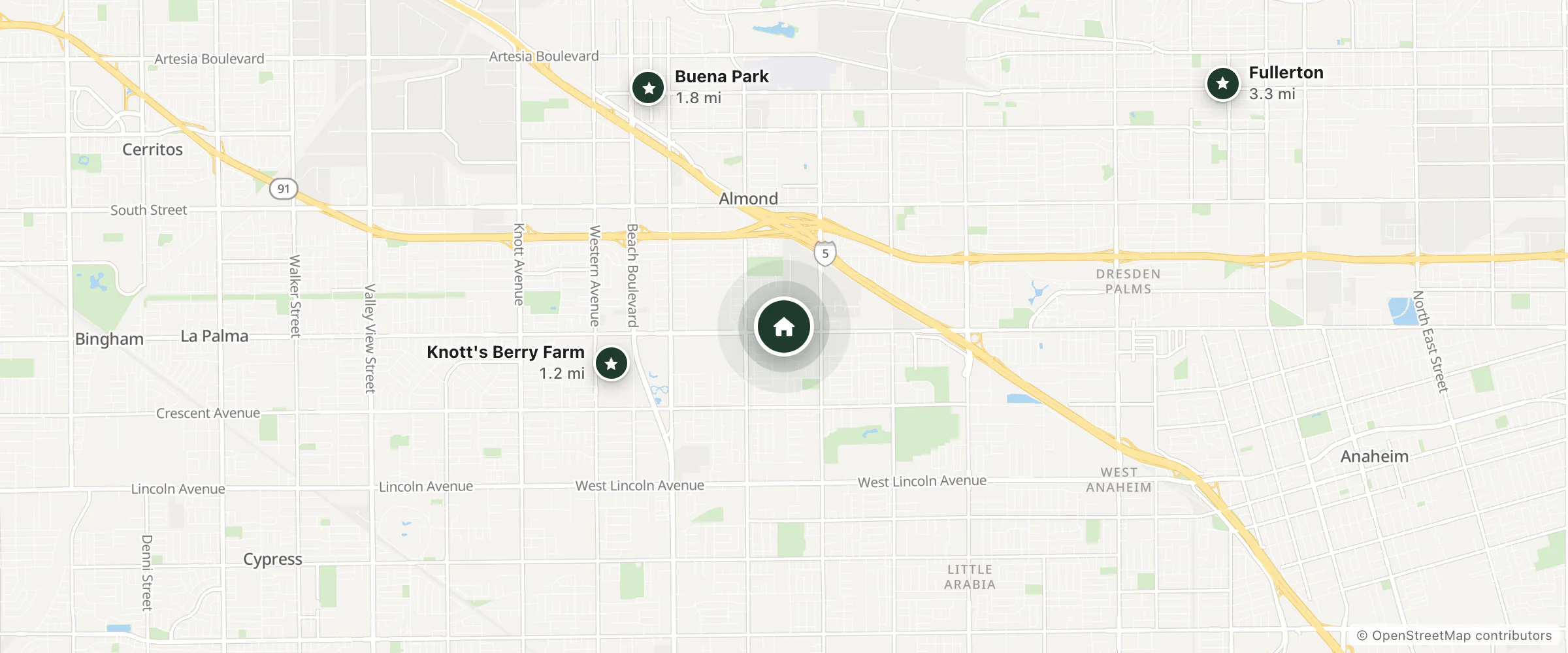 Map of Anaheim La Palma Inn and nearby Knott's Berry Farm, Buena Park and Fullerton