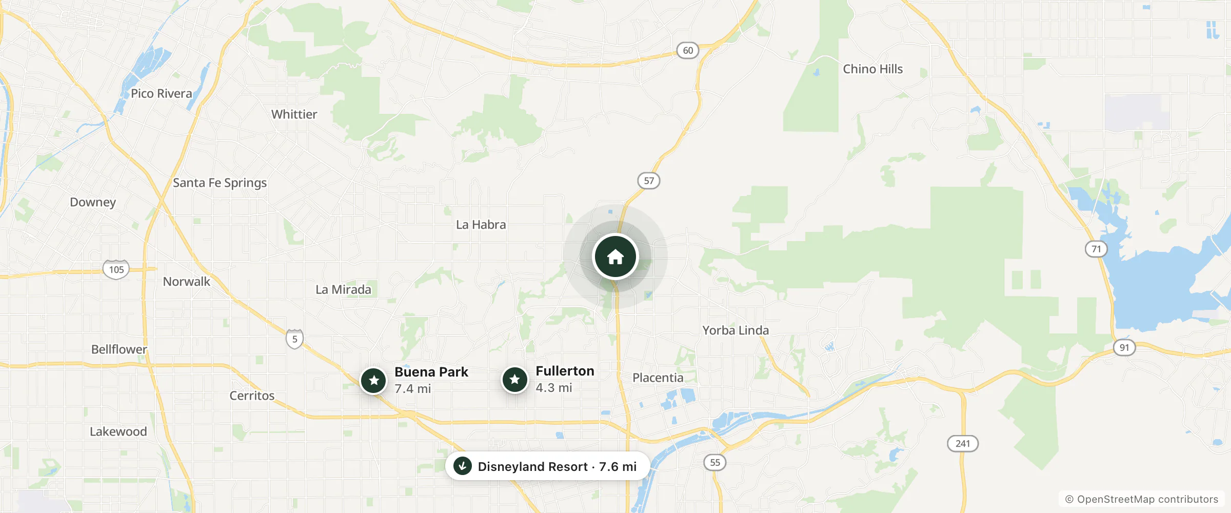 Map of Residence Inn and nearby Fullerton, Buena Park and Disneyland Resort
