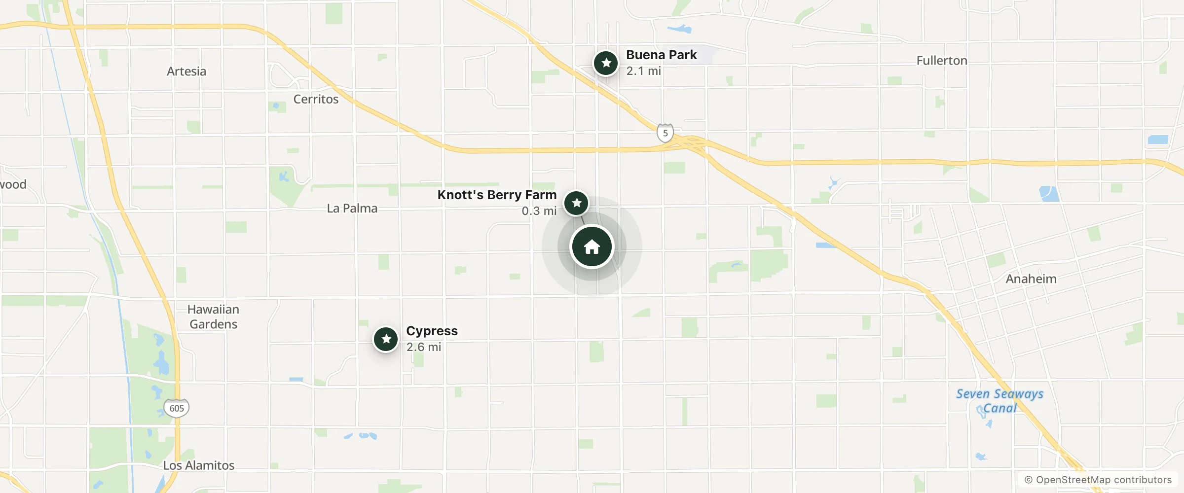 Map of Knott's Hotel and nearby Knott's Berry Farm, Buena Park and Cypress