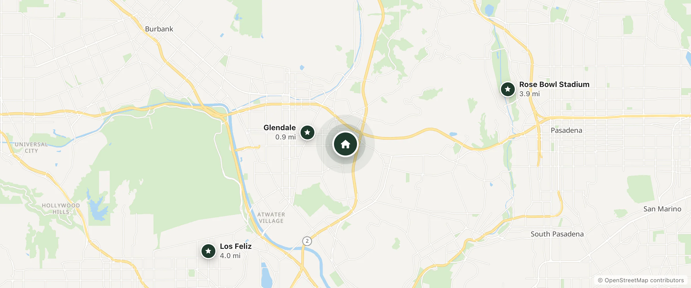 Map of Glenridge Inn Glendale Pasadena and nearby Glendale, Rose Bowl Stadium and Los Feliz