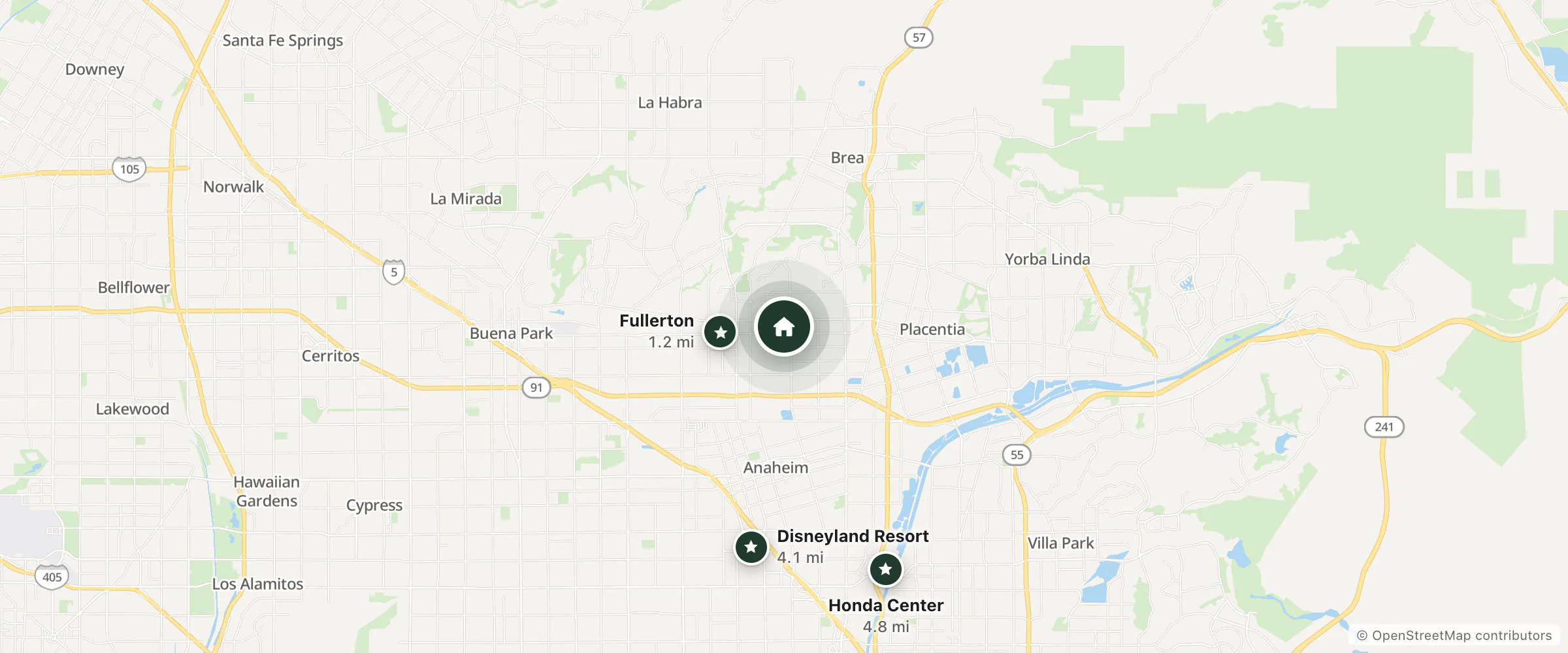 Map of The Mouse House and nearby Fullerton, Disneyland Resort and Honda Center