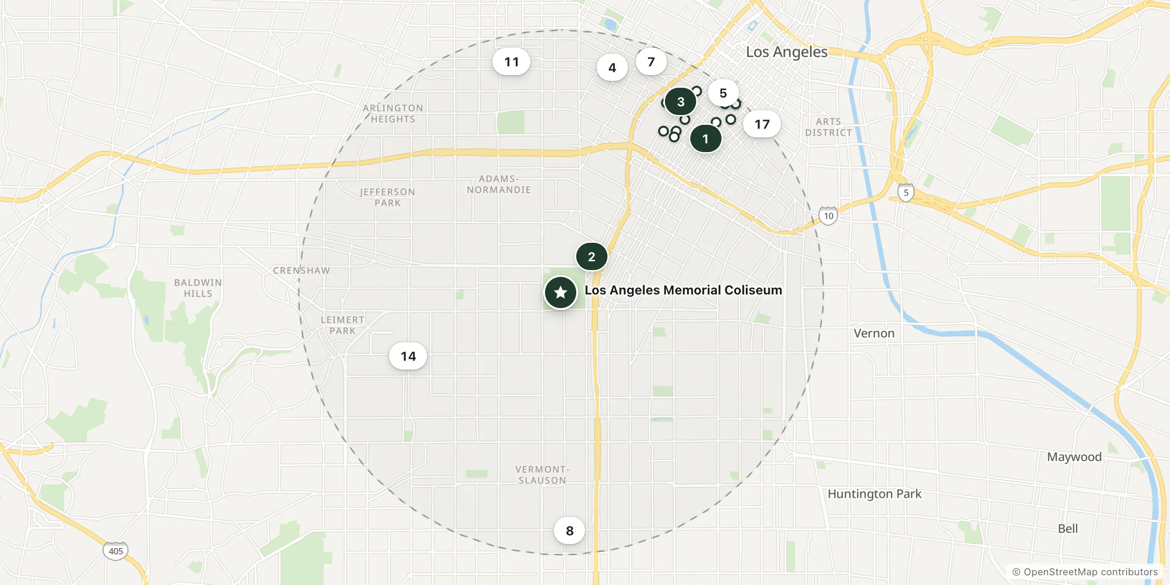 Map of hotels near Los Angeles Memorial Coliseum