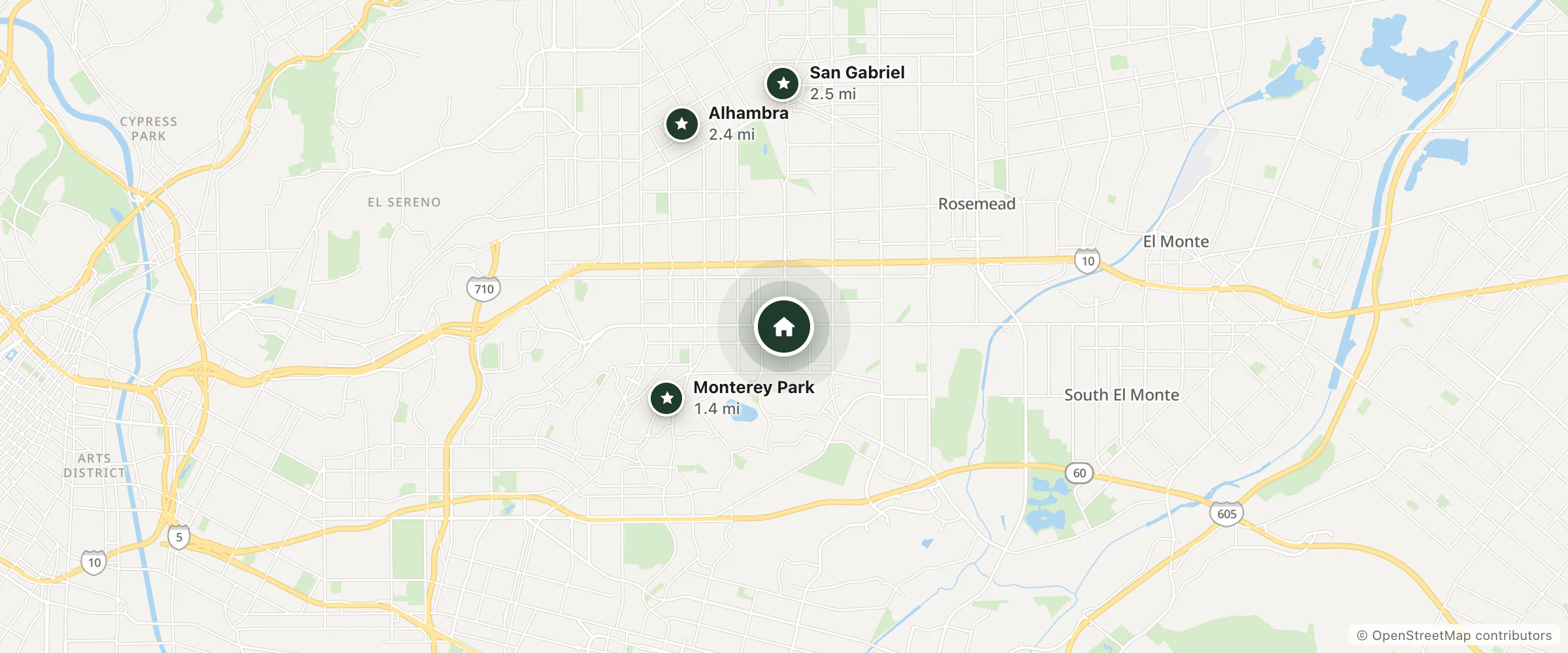 Map of Garvey Inn and nearby Monterey Park, Alhambra and San Gabriel