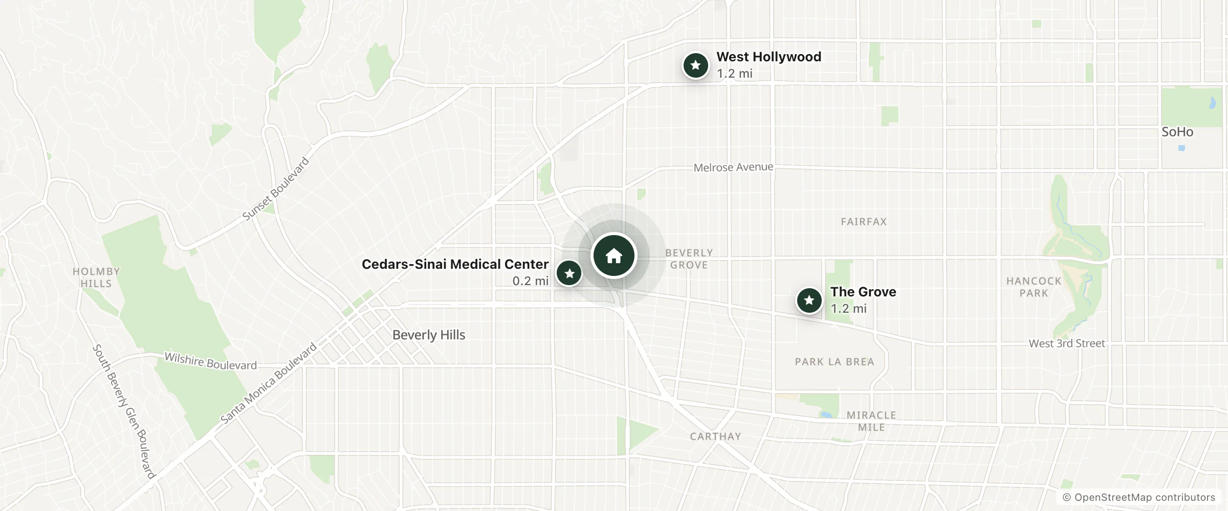 Map of Sofitel Los Angeles at Beverly Hills and nearby Cedars-Sinai Medical Center, The Grove and West Hollywood