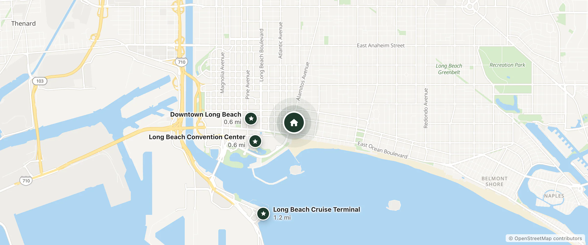 Map of Vagabond Inn Long Beach and nearby Downtown Long Beach, Long Beach Convention Center and Long Beach Cruise Terminal