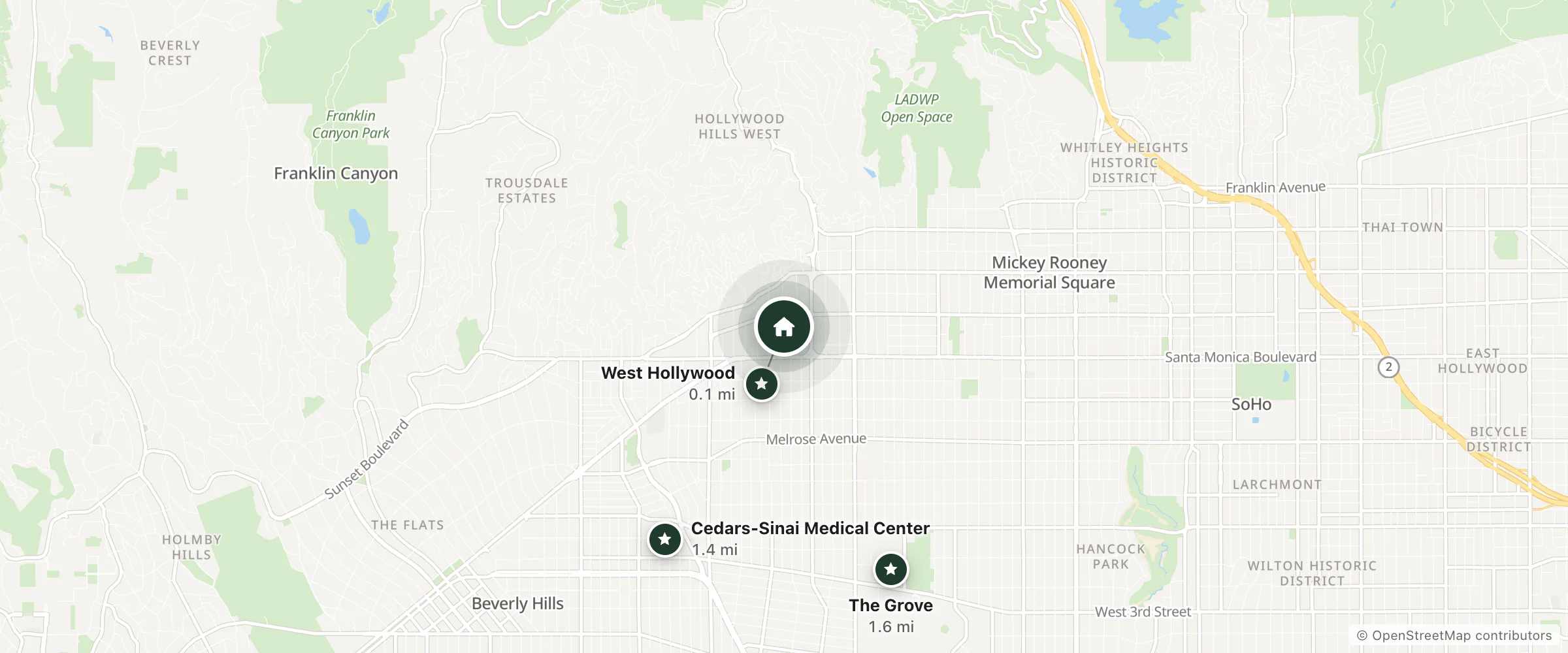 Map of Harper West Hollywood and nearby West Hollywood, Cedars-Sinai Medical Center and The Grove