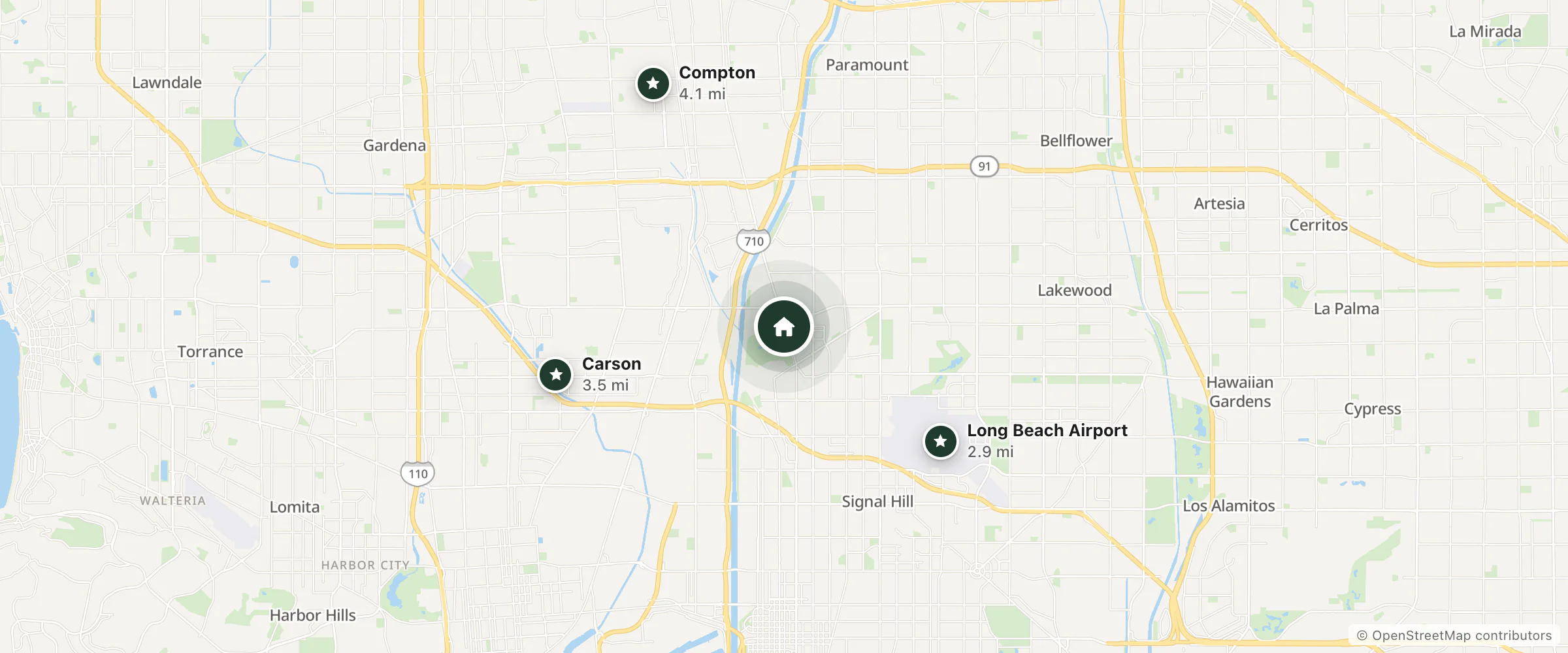 Map of Haystack Motel and nearby Long Beach Airport, Carson and Compton