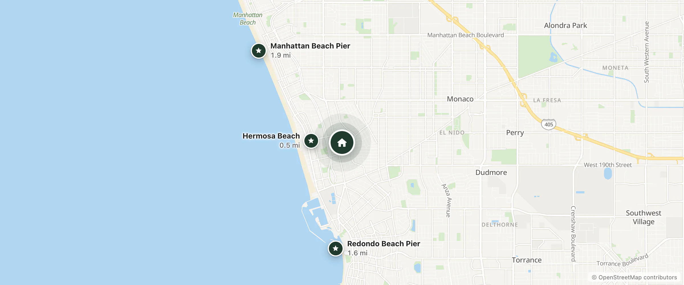 Map of Quality Inn and Suites Hermosa Beach and nearby Hermosa Beach, Redondo Beach Pier and Manhattan Beach Pier