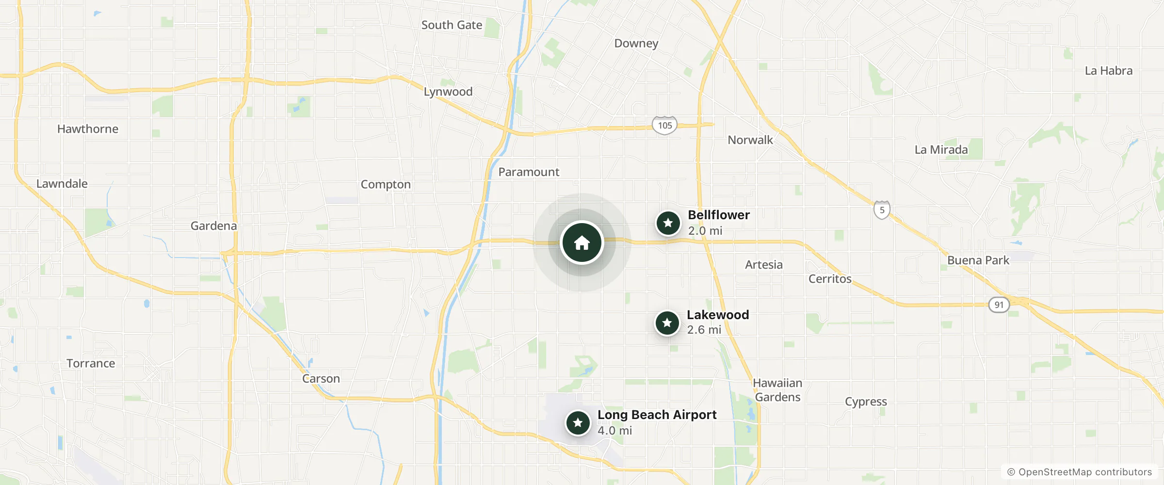 Map of Studio 6 and nearby Bellflower, Lakewood and Long Beach Airport