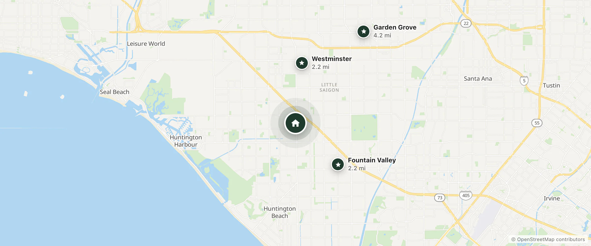 Map of Comfort Inn and Suites Huntington Beach and nearby Fountain Valley, Westminster and Garden Grove