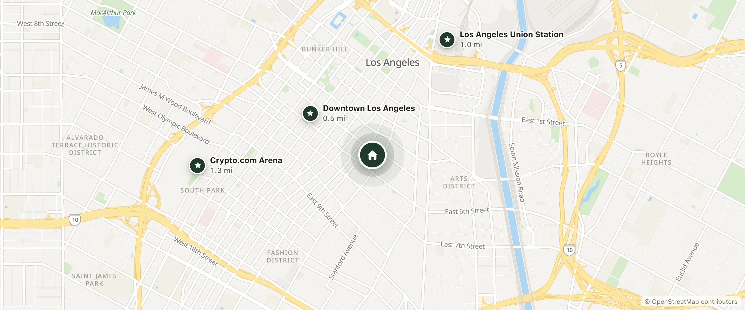 Map of Angelus Inn and nearby Downtown Los Angeles, Los Angeles Union Station and Crypto.com Arena