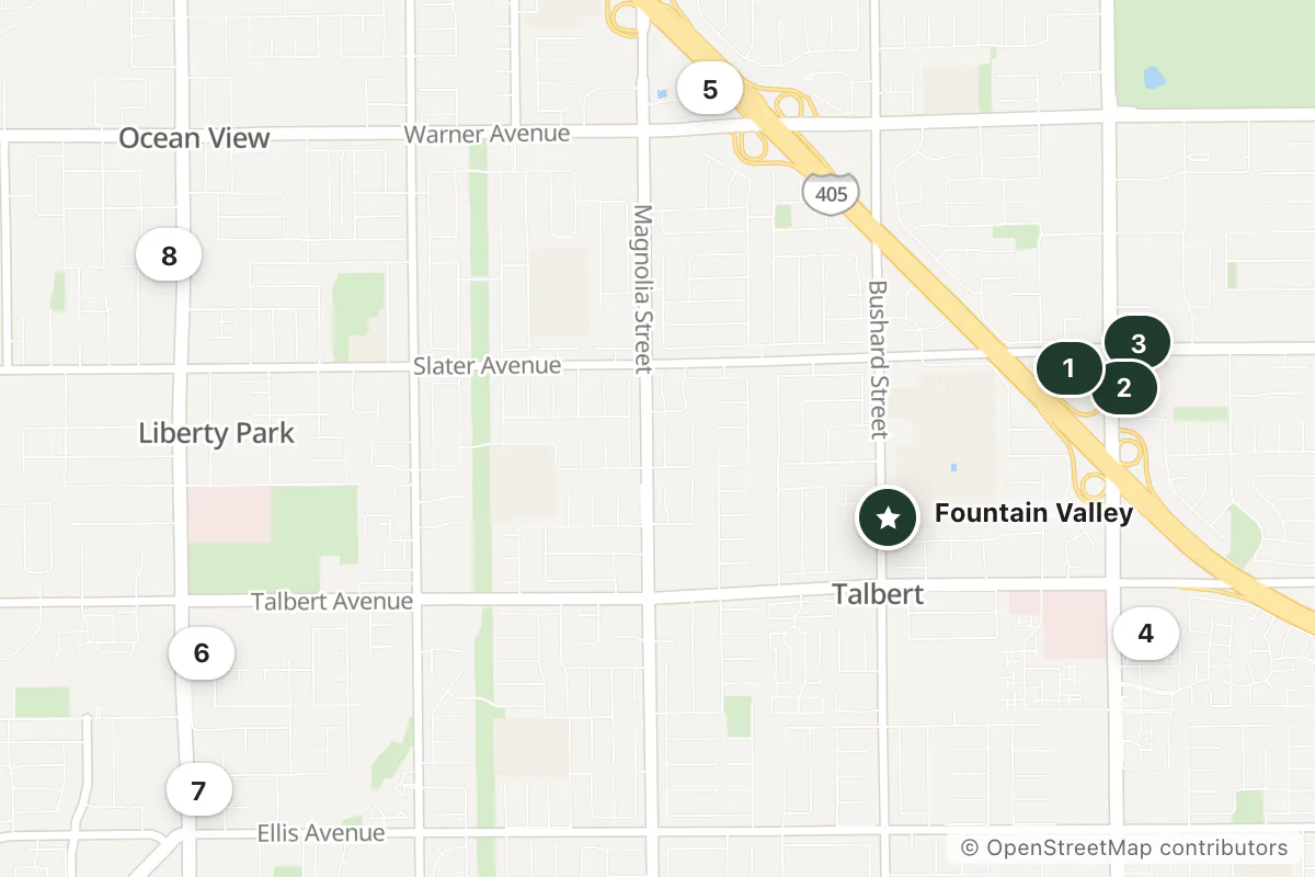 Map of the top 8 hotels for this question around Fountain Valley