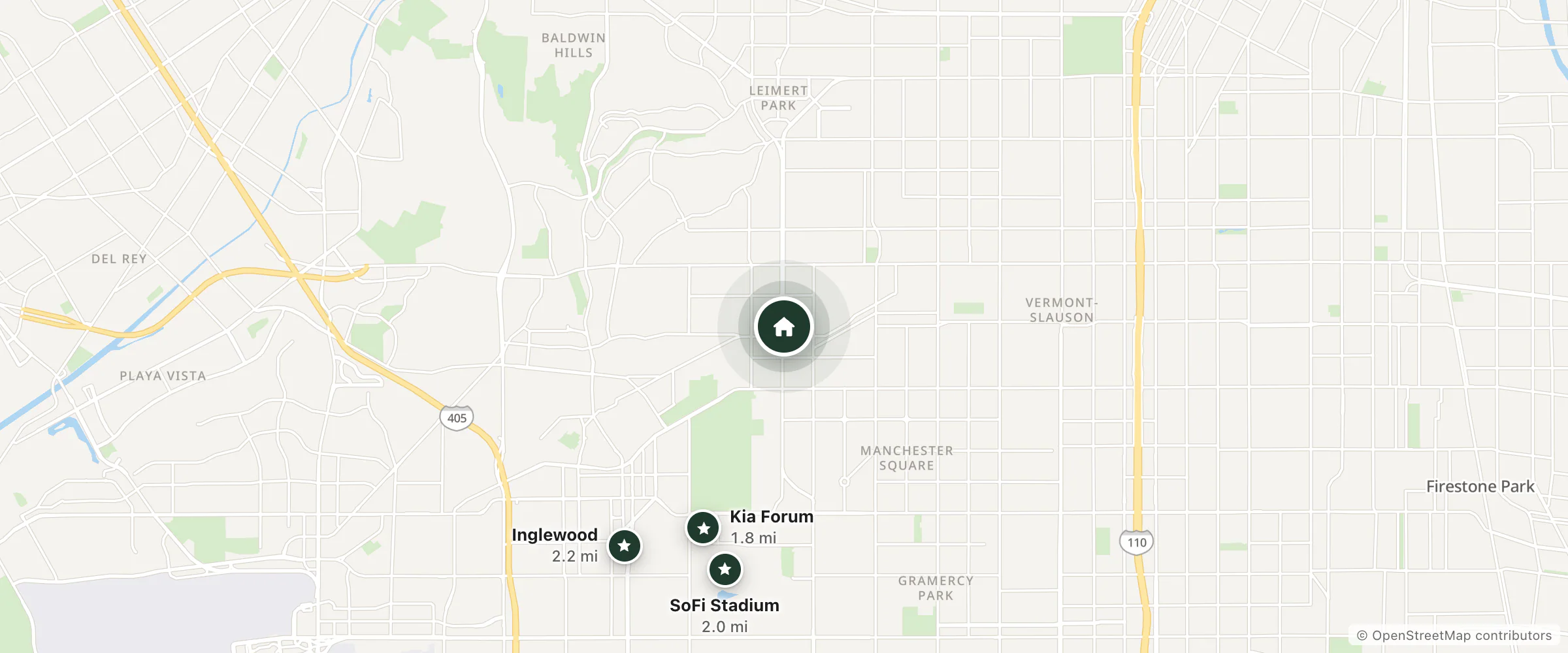 Map of Hyde Park Motel and nearby Kia Forum, SoFi Stadium and Inglewood