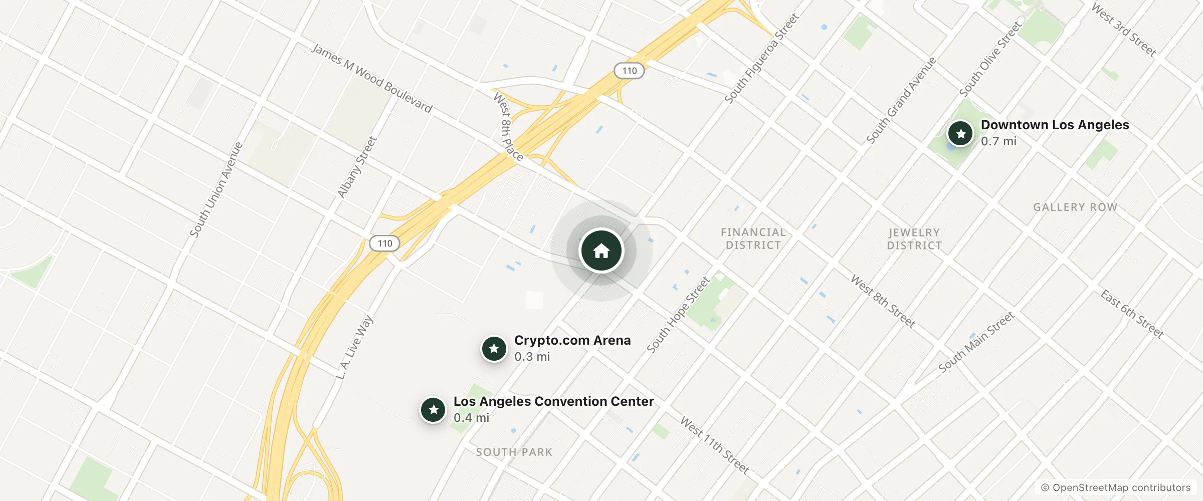 Map of Hotel Figueroa and nearby Crypto.com Arena, Los Angeles Convention Center and Downtown Los Angeles