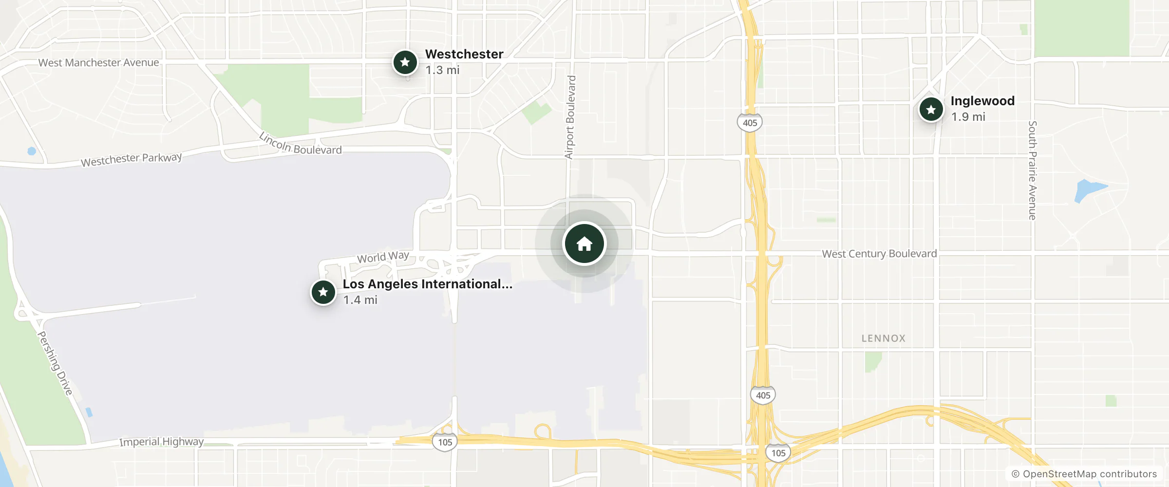 Map of Los Angeles Airport Marriott and nearby Westchester, Los Angeles International Airport and Inglewood