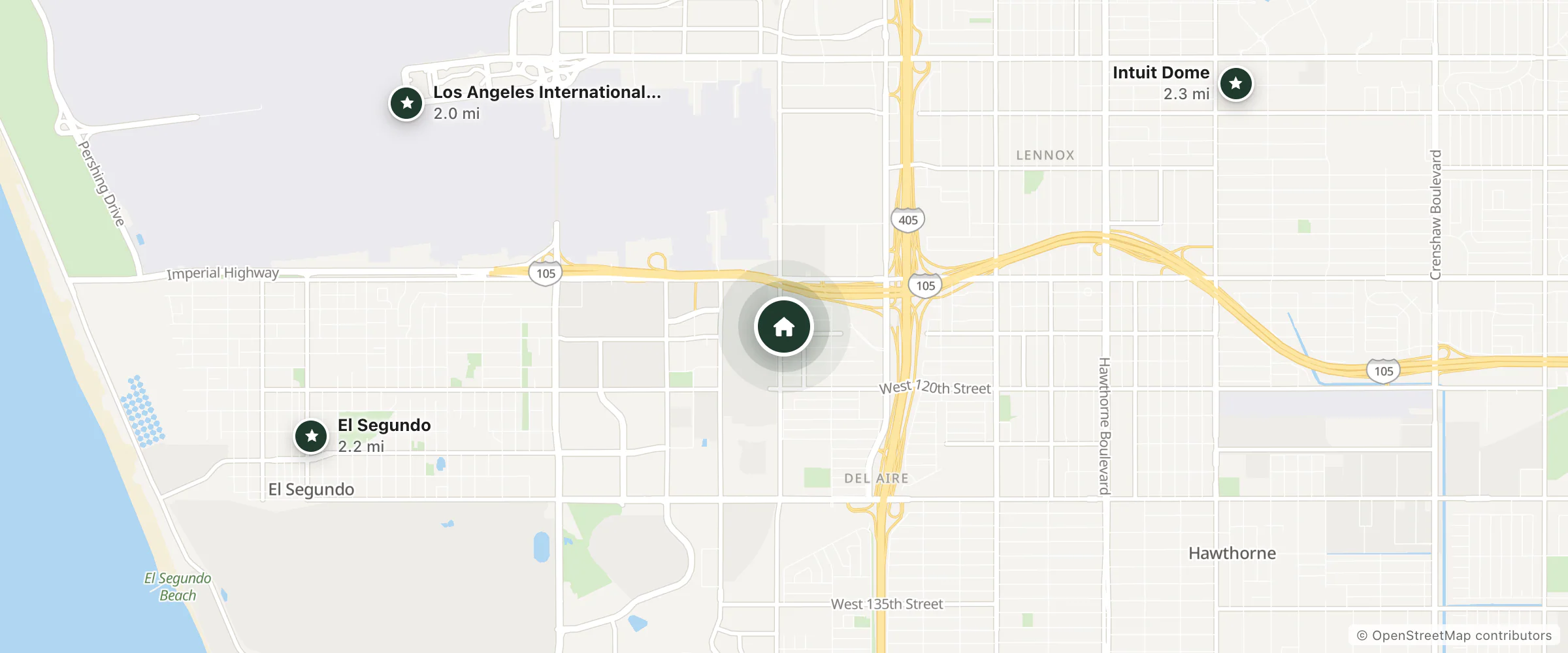 Map of Twin Towers Motel and nearby Los Angeles International Airport, El Segundo and Intuit Dome