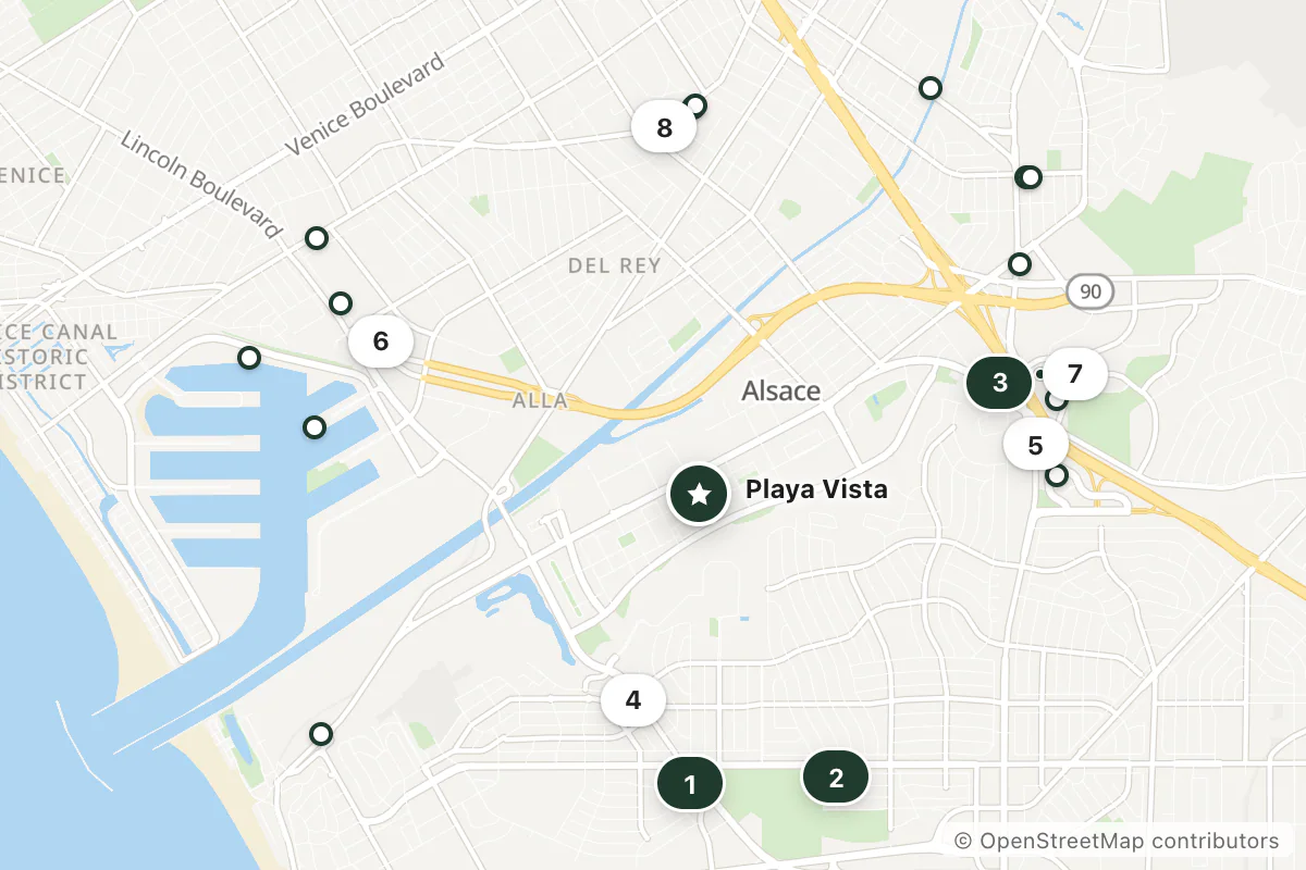 Map of the top 23 hotels for this question around Playa Vista