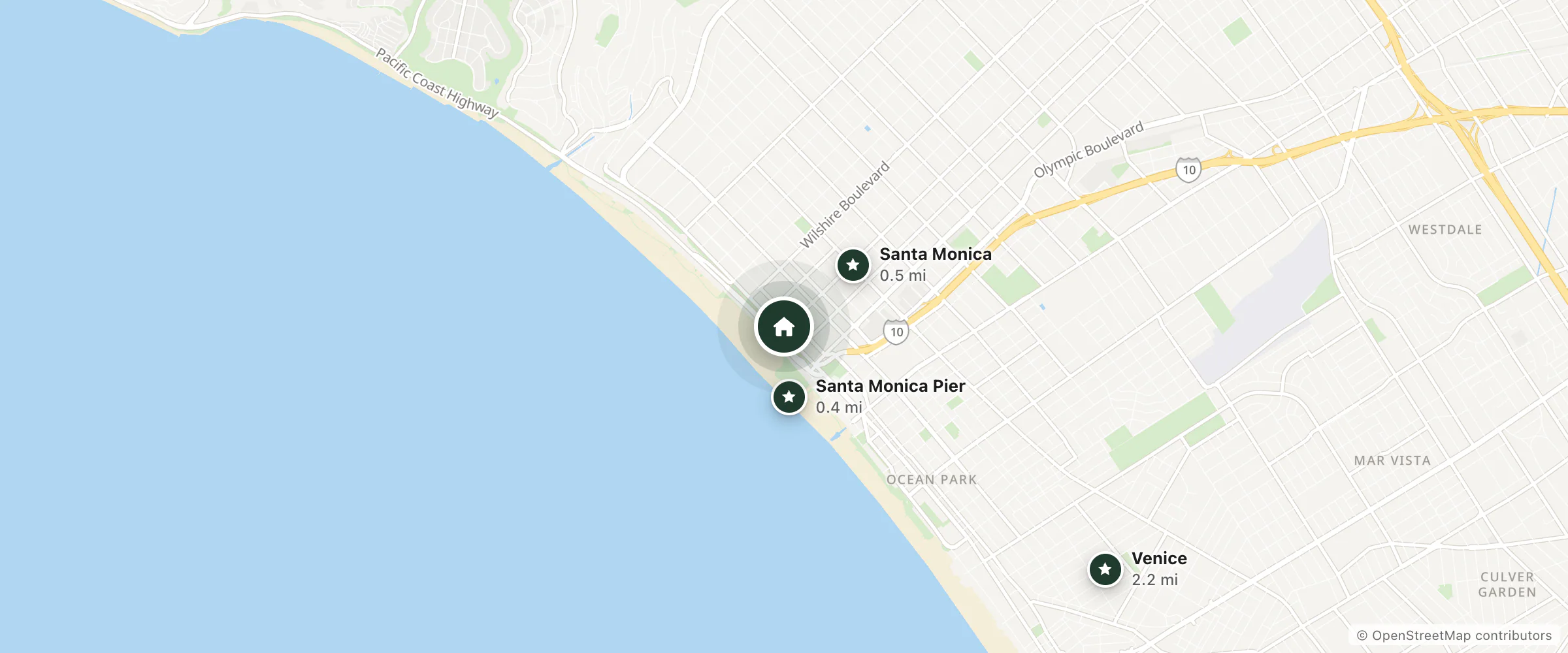 Map of The Fairmont Miramar Hotel Santa Monica and nearby Santa Monica Pier, Santa Monica and Venice