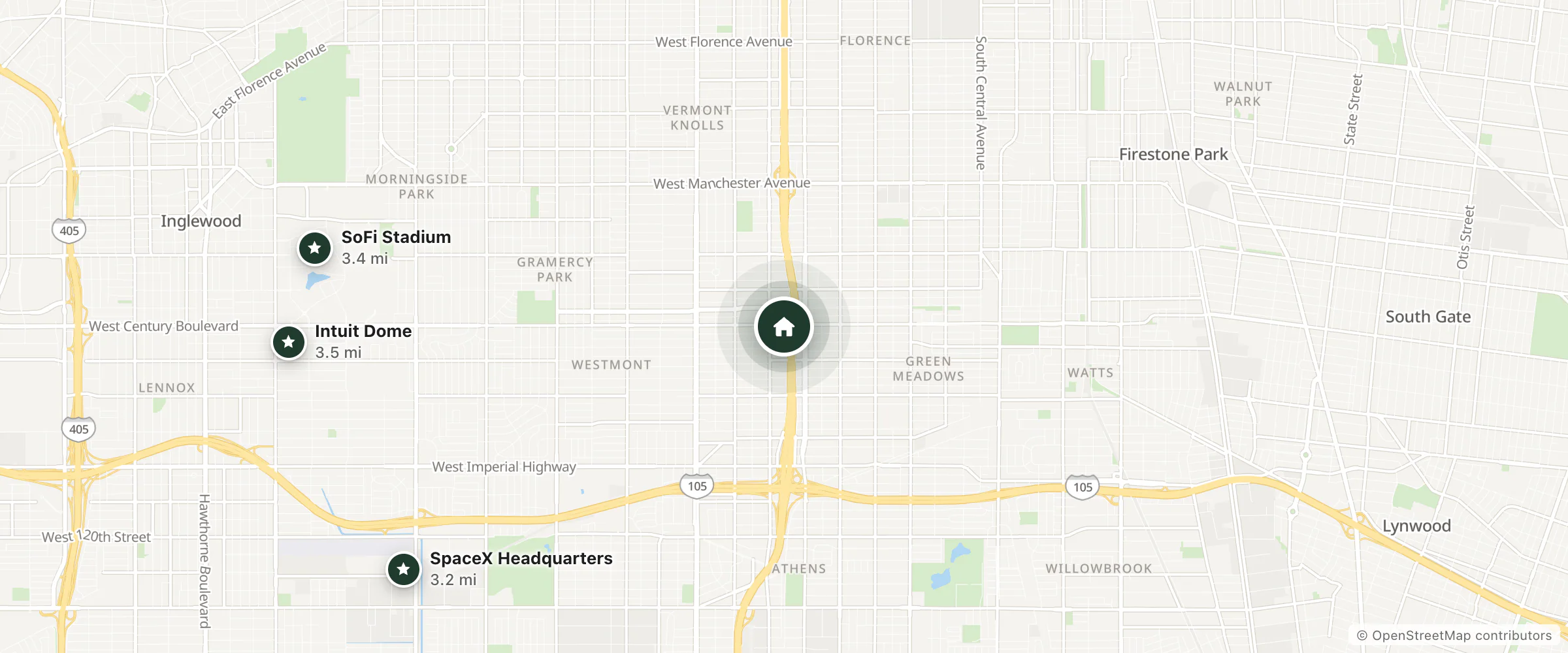 Map of Magic Carpet Century and nearby SpaceX Headquarters, SoFi Stadium and Intuit Dome