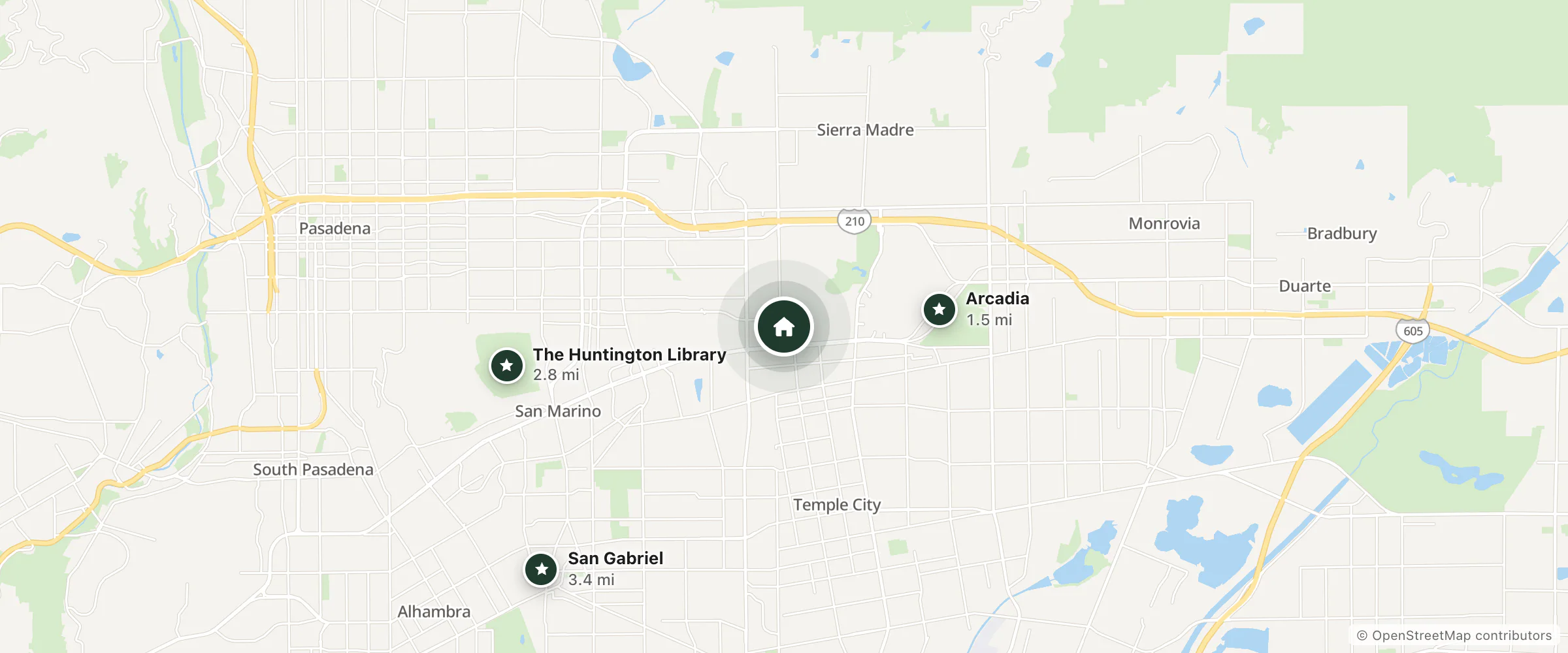 Map of Arcadia Regency Retirement Hotel and nearby Arcadia, The Huntington Library and San Gabriel